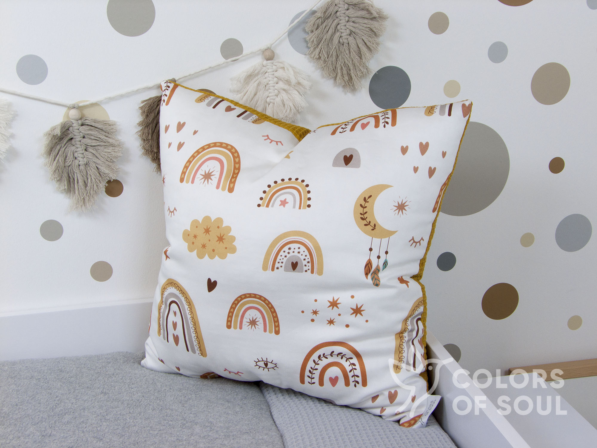 Namenskissen Baby boho Regenbogen / Waffelpique gelb