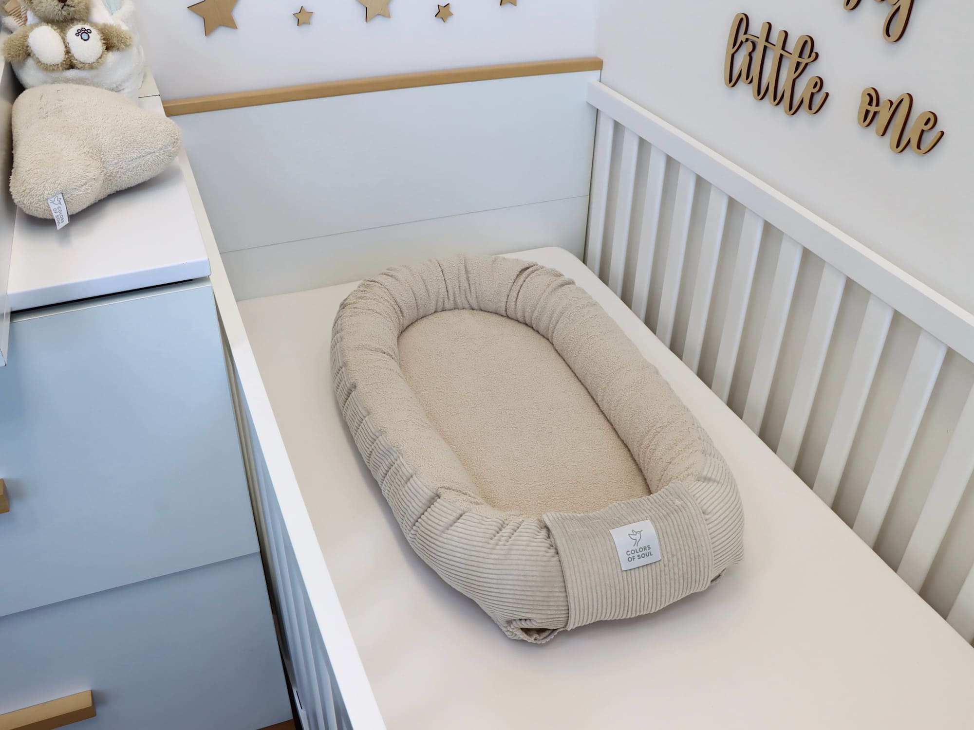 Wickelauflage mit Bezug, Bettschlange, Babynest - Cord hellbeige / Baumwollfleece hellbeige