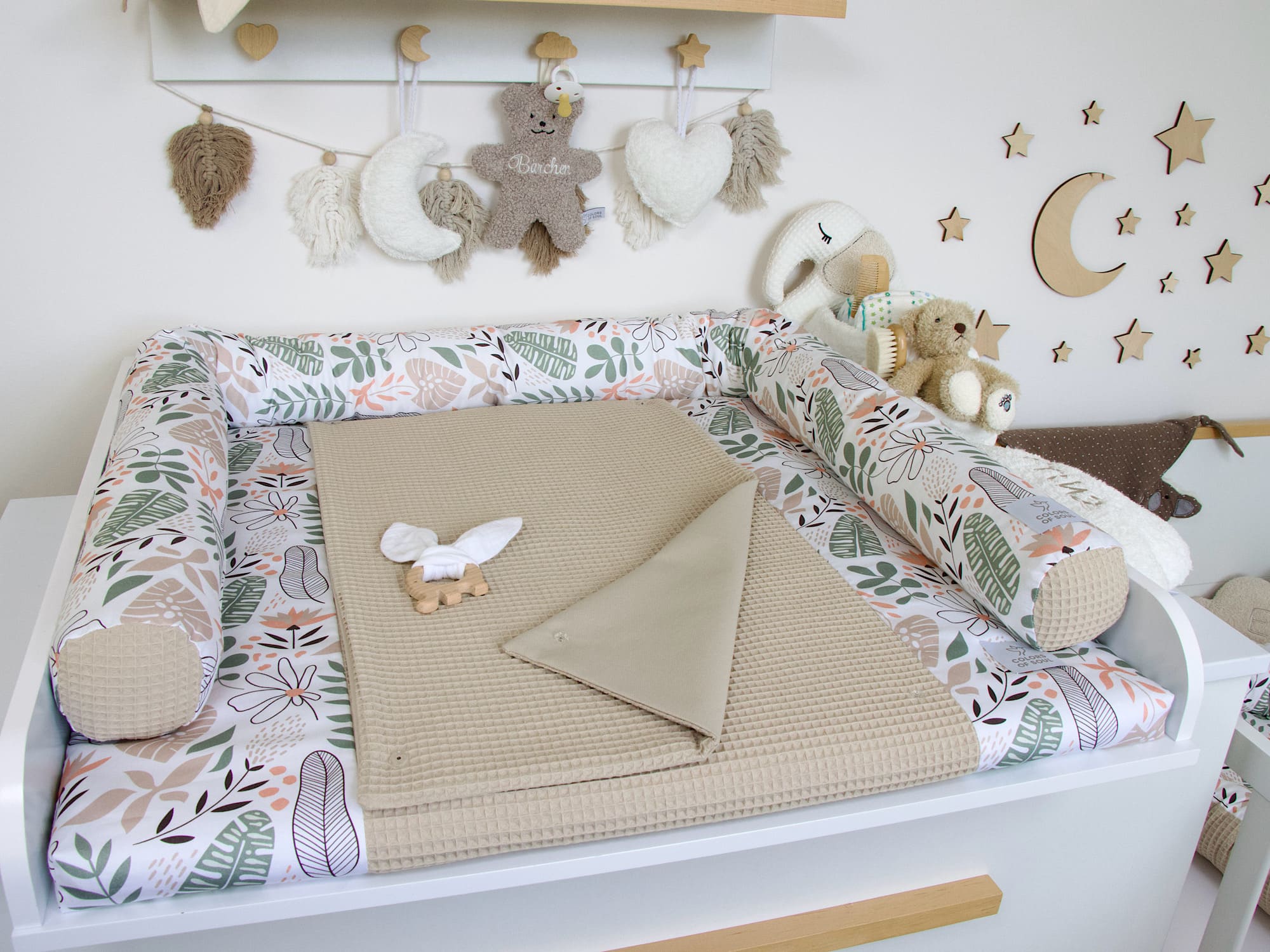 2-er SET - Wickelauflage mit Inlett, Bettschlange - Tropical Blumen pastell / Waffelpique beige