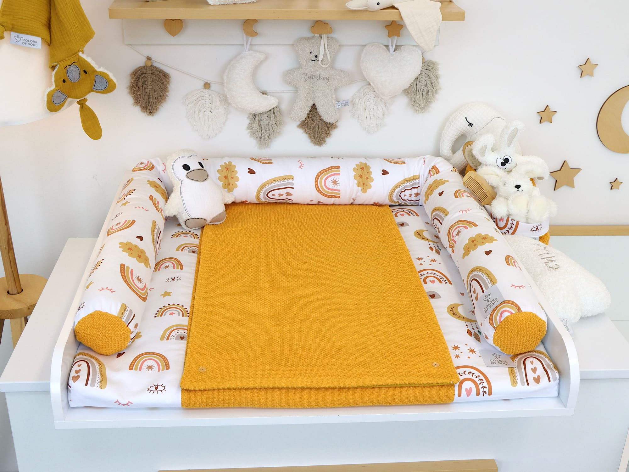 2-er SET - Wickelauflage mit Inlett, Bettschlange - Baby boho Regenbogen / Waffelpique BeBe gelb