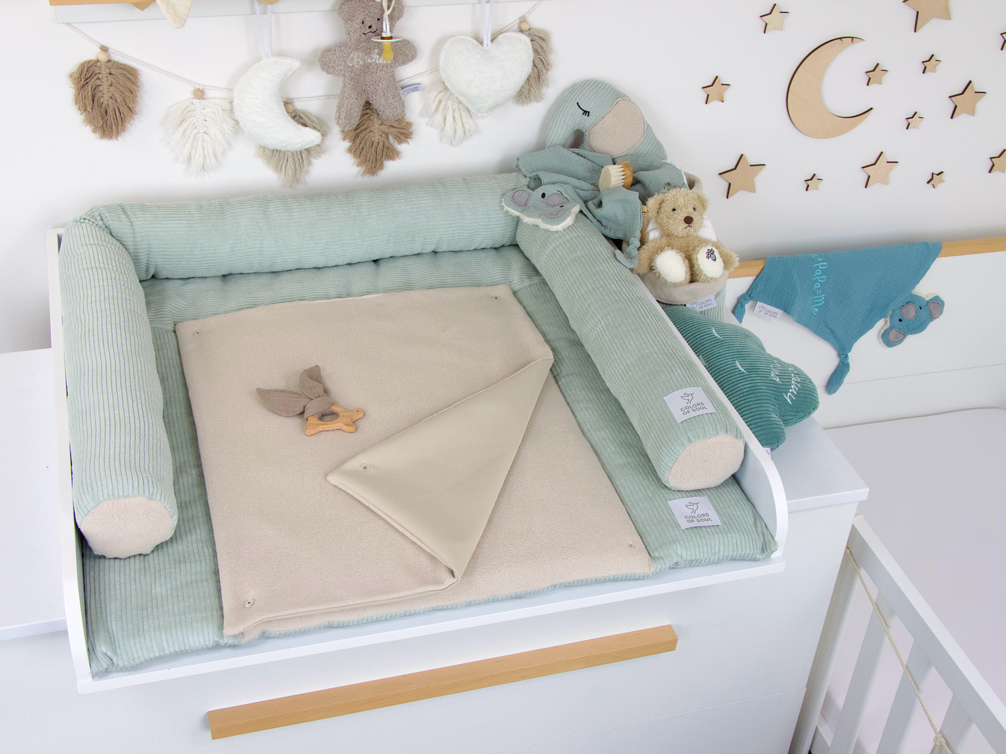 2-er SET - Wickelauflage, Bettschlange - Kord mint / Baumwollfleece beige