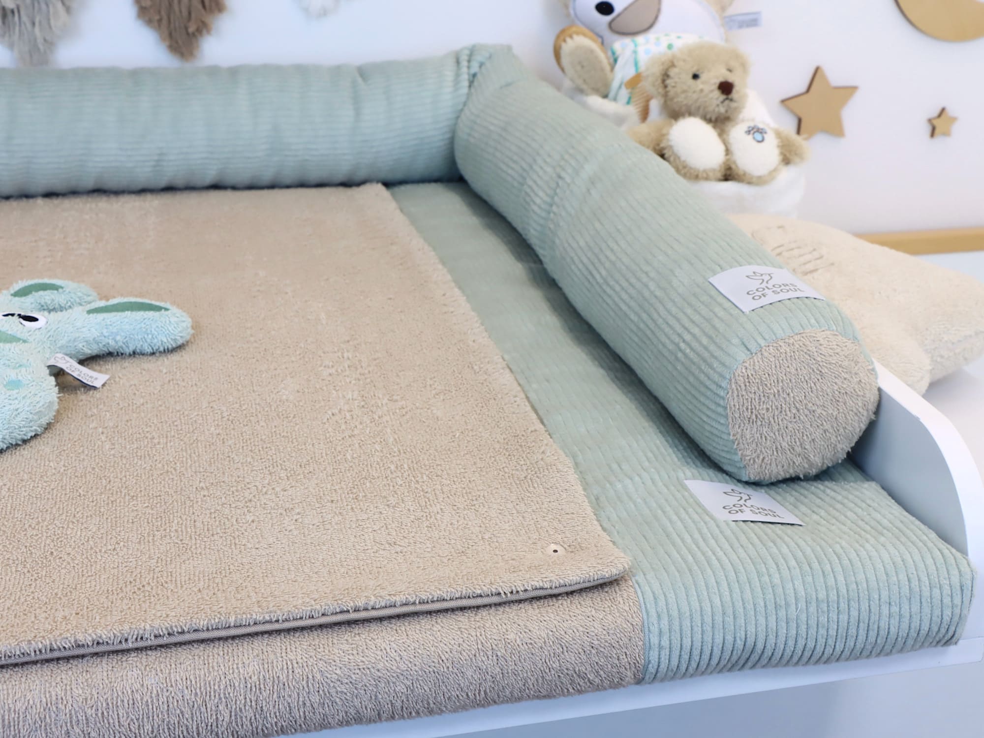 Wickelauflage mit Bezug und Umrandung – Cord Mint / Frottee Beige