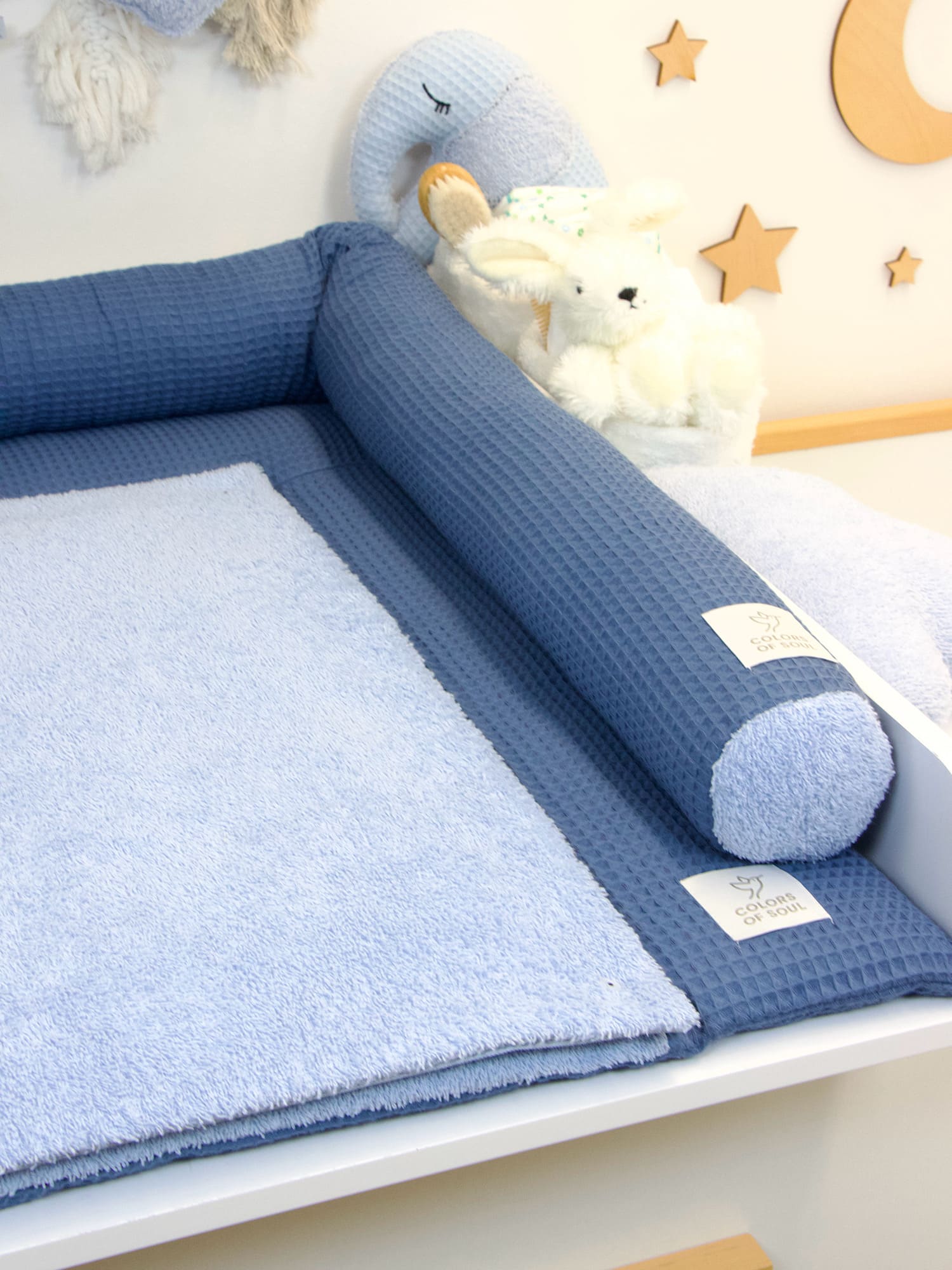 Wickelauflage mit Umrandung - Waffelpique jeansblau & Frottee himmelblau
