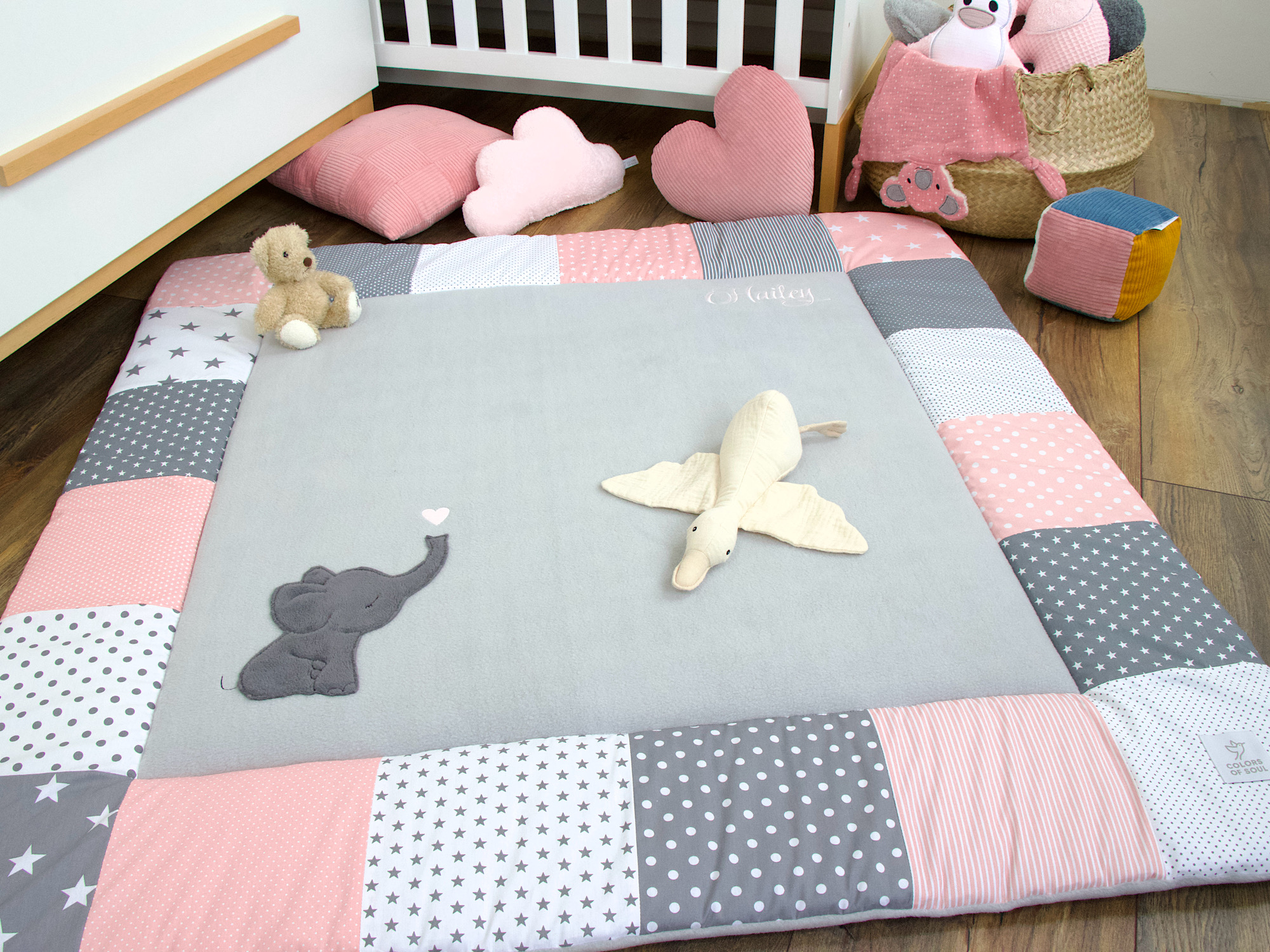 Patchwork Krabbeldecke Rosa Grau Weiß mit Sternen