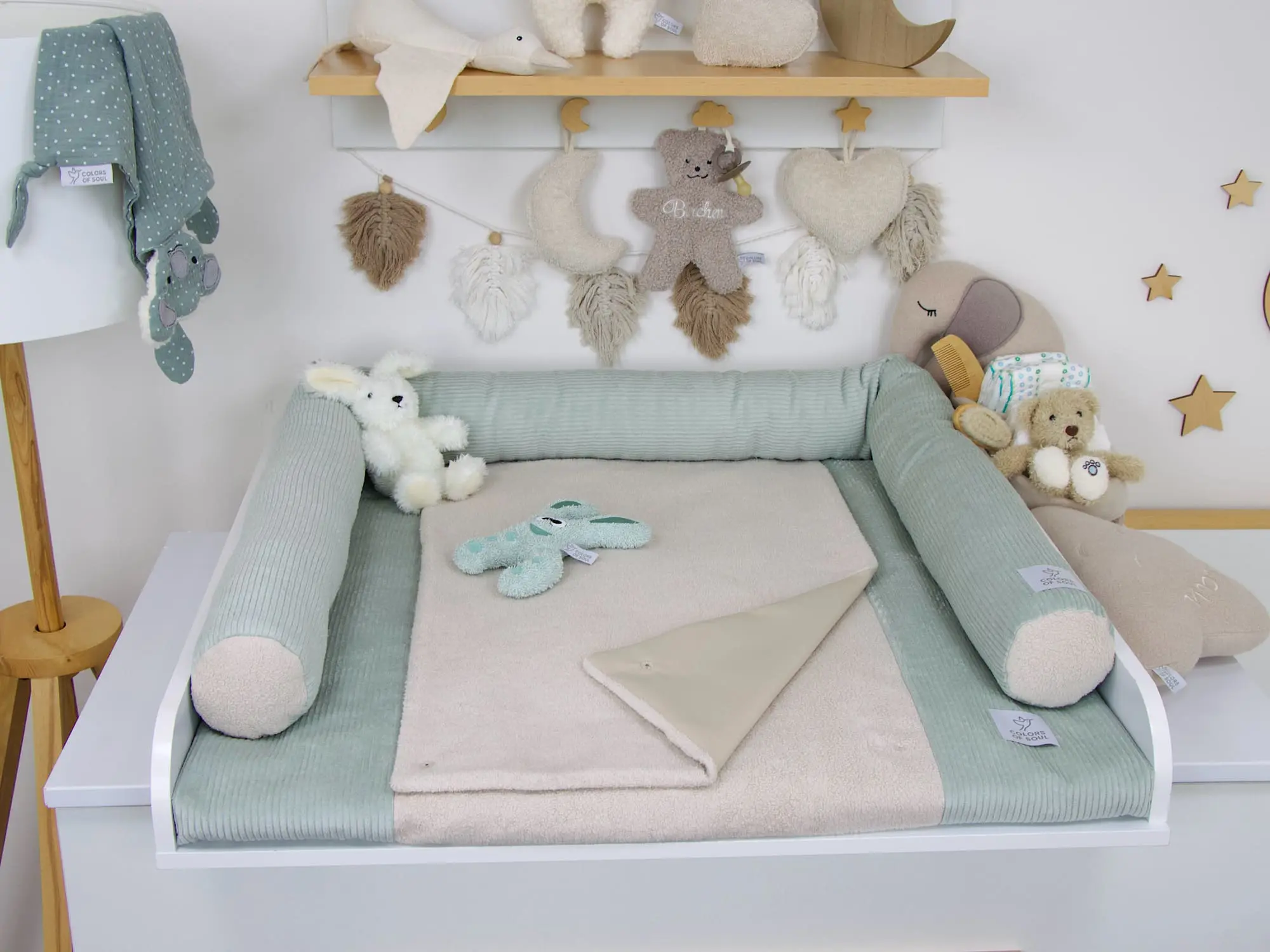 Wickelauflage mit Baumwollfleece Beige und Cordseiten in Mint