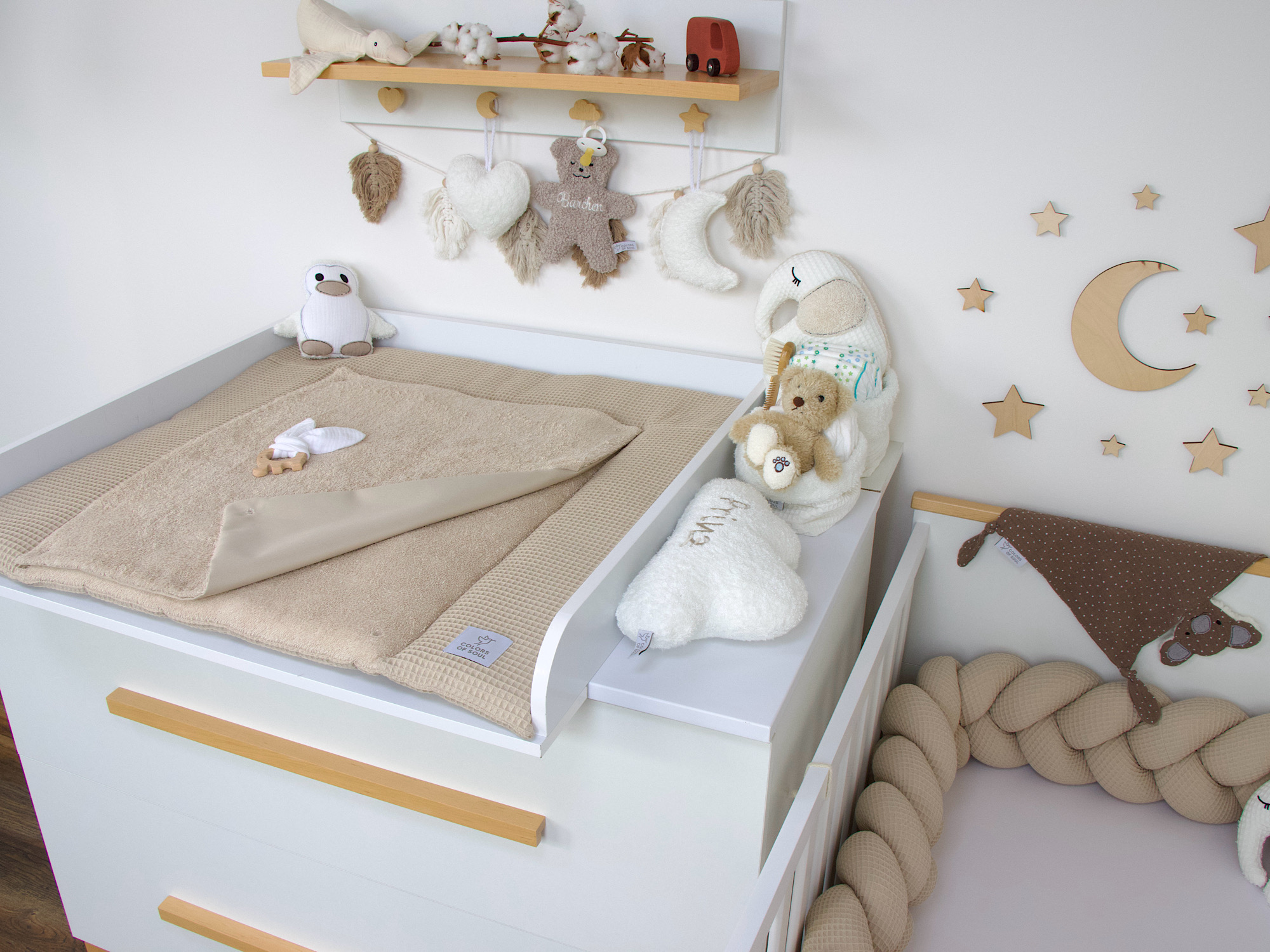 2er Set Wickelauflage mit geflochtener Bettschlange in Beige – liebevoll gefertigt aus Waffelpique und Frottee