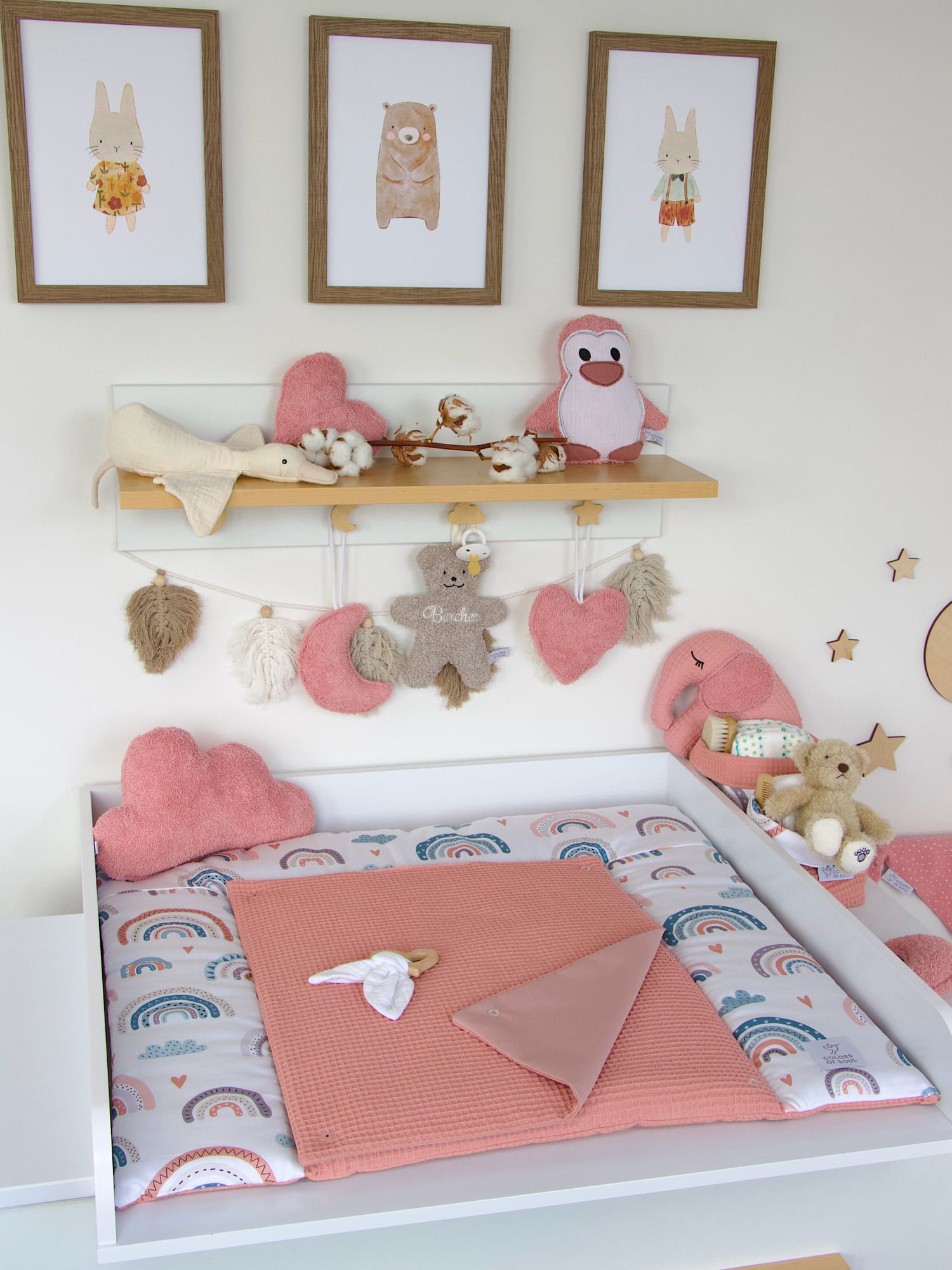 2-er SET - Wickelauflage und Babynestchen - pastell Regenbogen und Herzen / Waffelpique blush