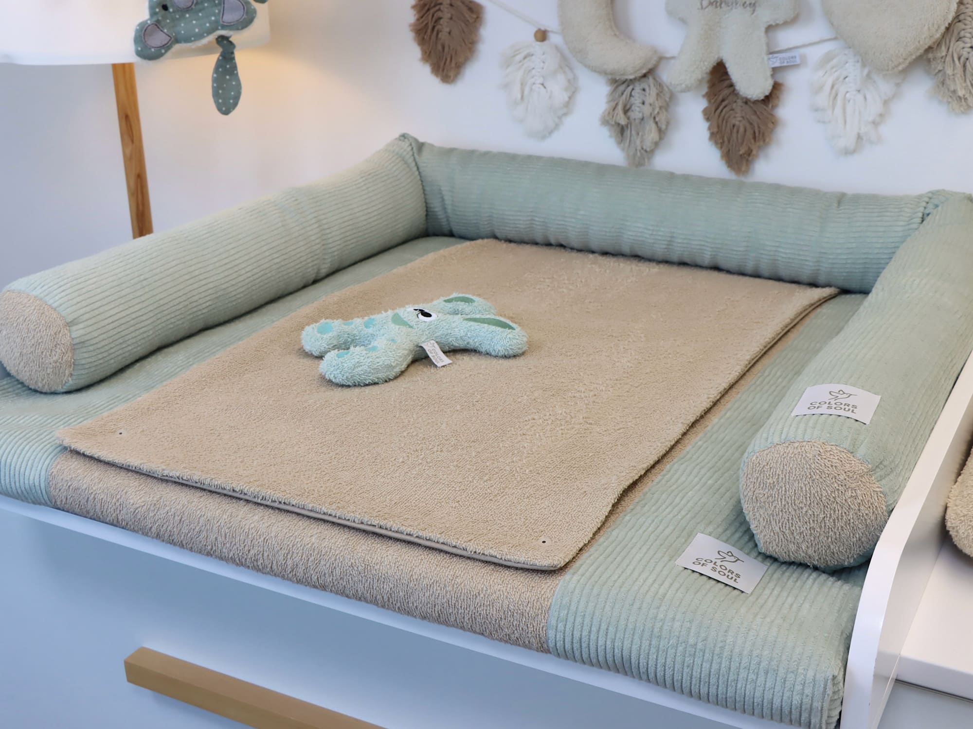 Wickelauflage mit Bezug und Umrandung – Cord Mint / Frottee Beige