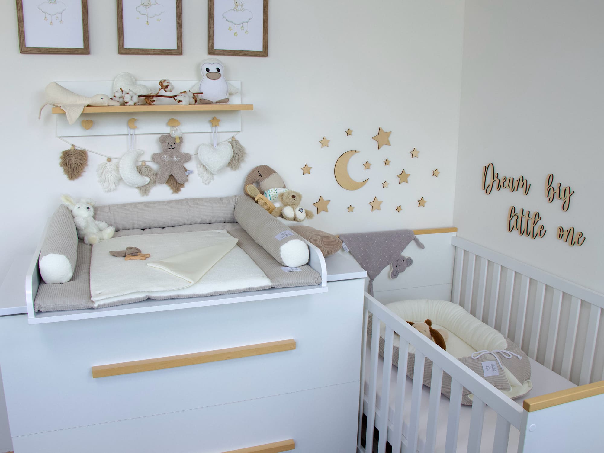 3-er SET - Wickelauflage, Bettschlange, Babynest - Kord hellbeige / Baumwollfleece creme