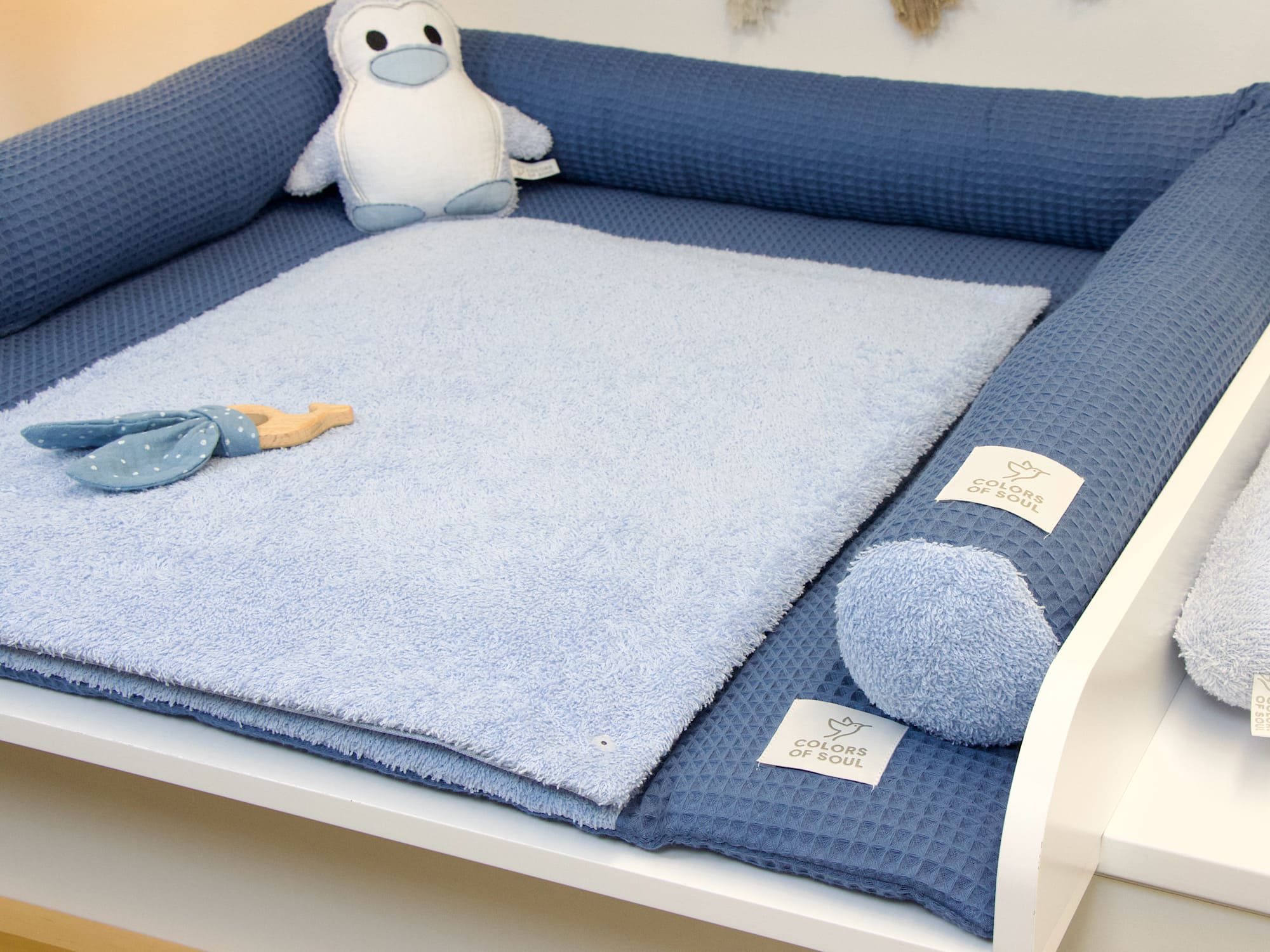 Wickelauflage mit Umrandung - Waffelpique jeansblau & Frottee himmelblau