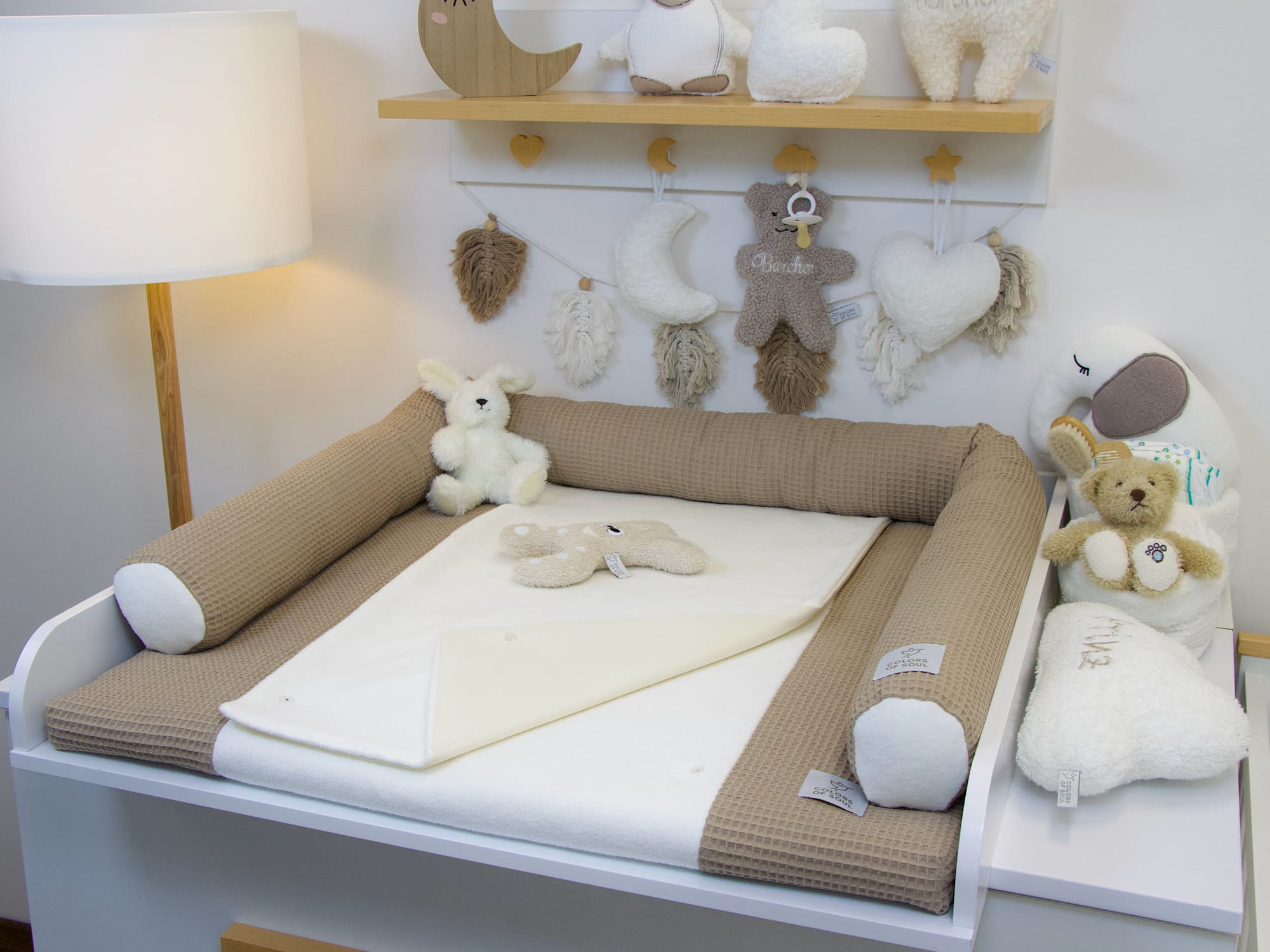 3-er SET - Wickelauflage mit Inlett, Babynest, Bettrolle - Waffel dunkelbeige/ Baumwollfleece creme
