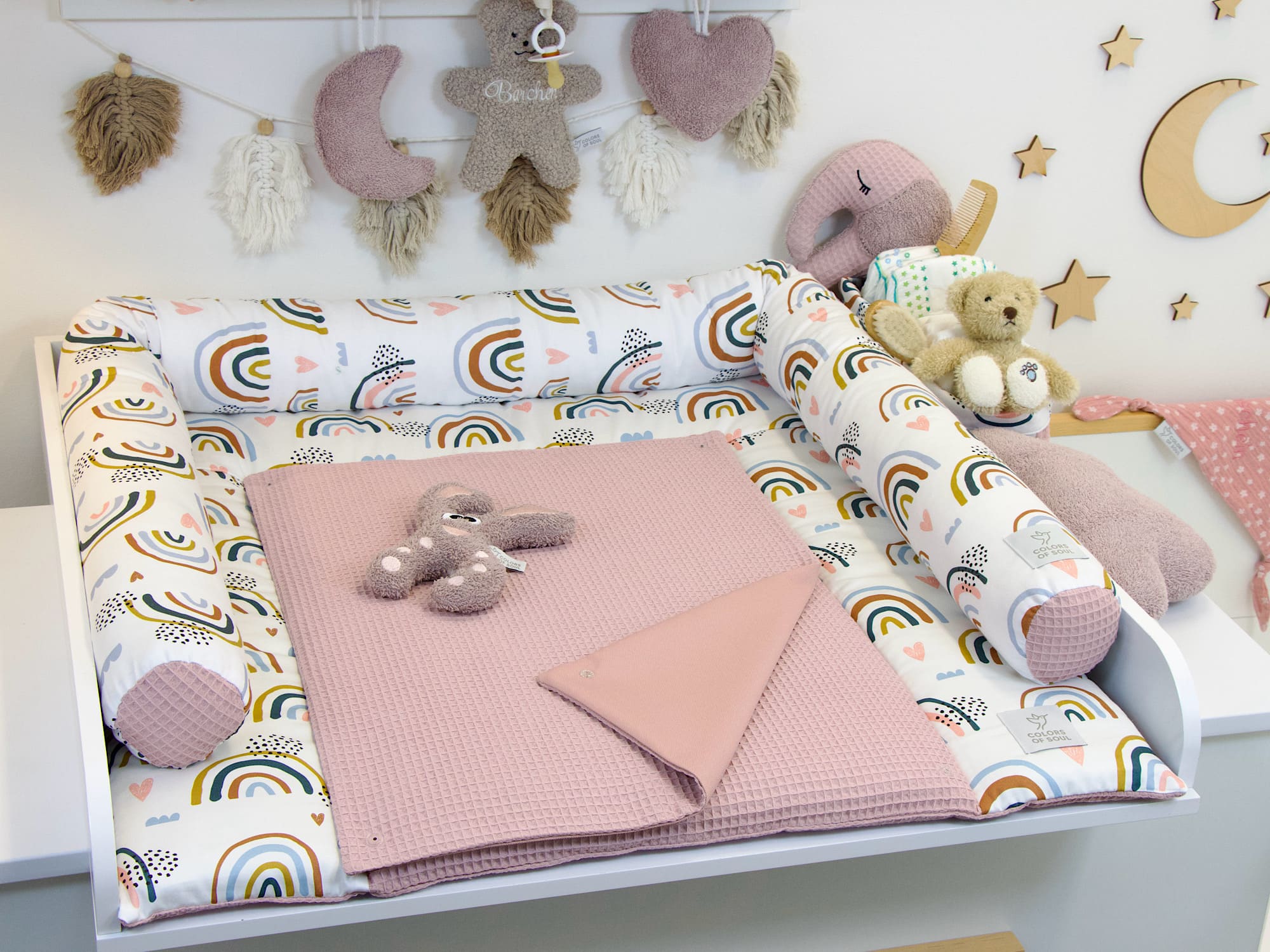 2-er SET - Wickelauflage, Bettschlange - Regenbogen und Herzen / Waffelpique altrosa2-er SET - Wickelauflage, Bettschlange - Regenbogen und Herzen / Waffelpique altrosa