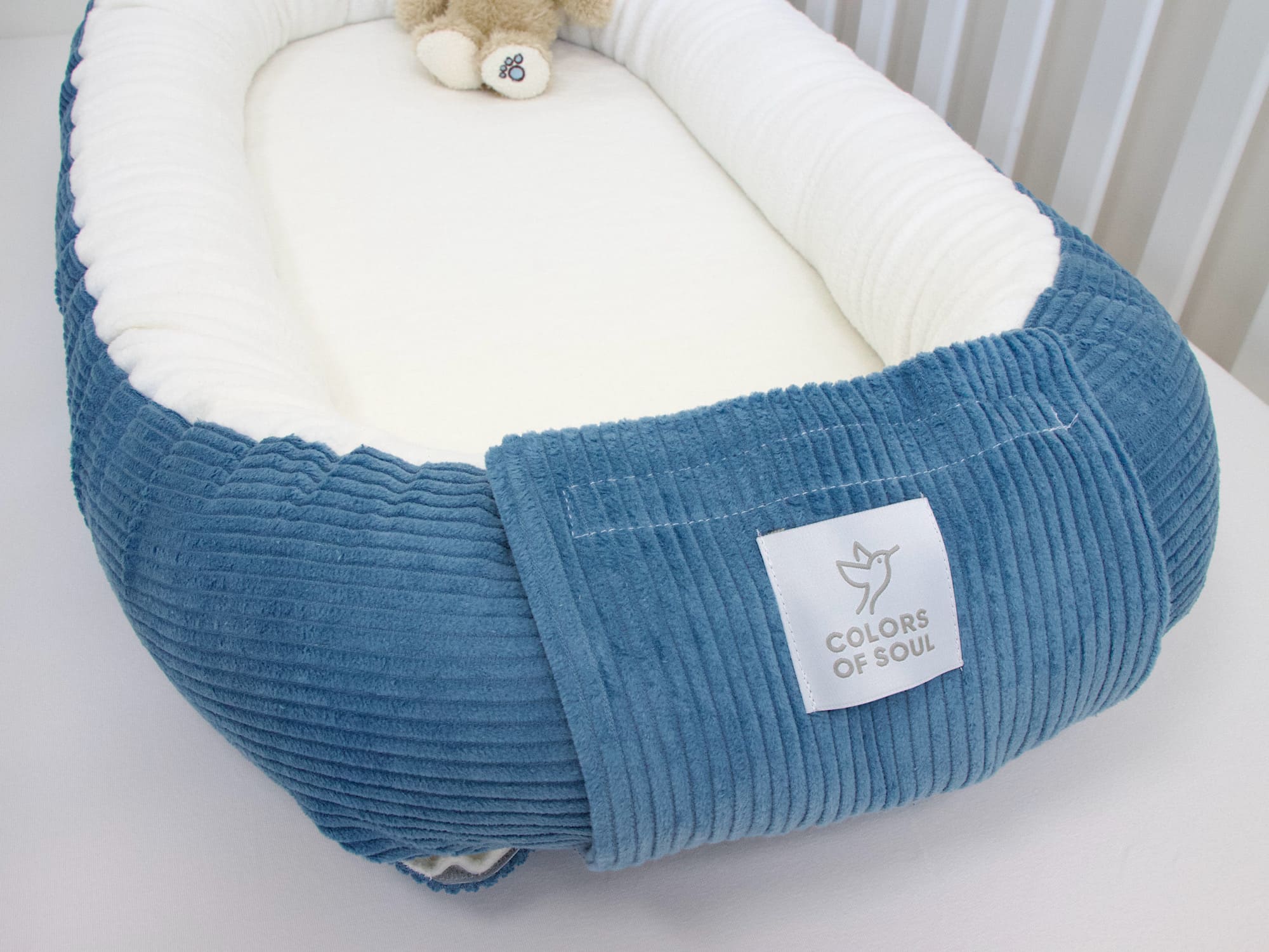 Babynestchen - Kordstoff blau / Baumwollfleece creme