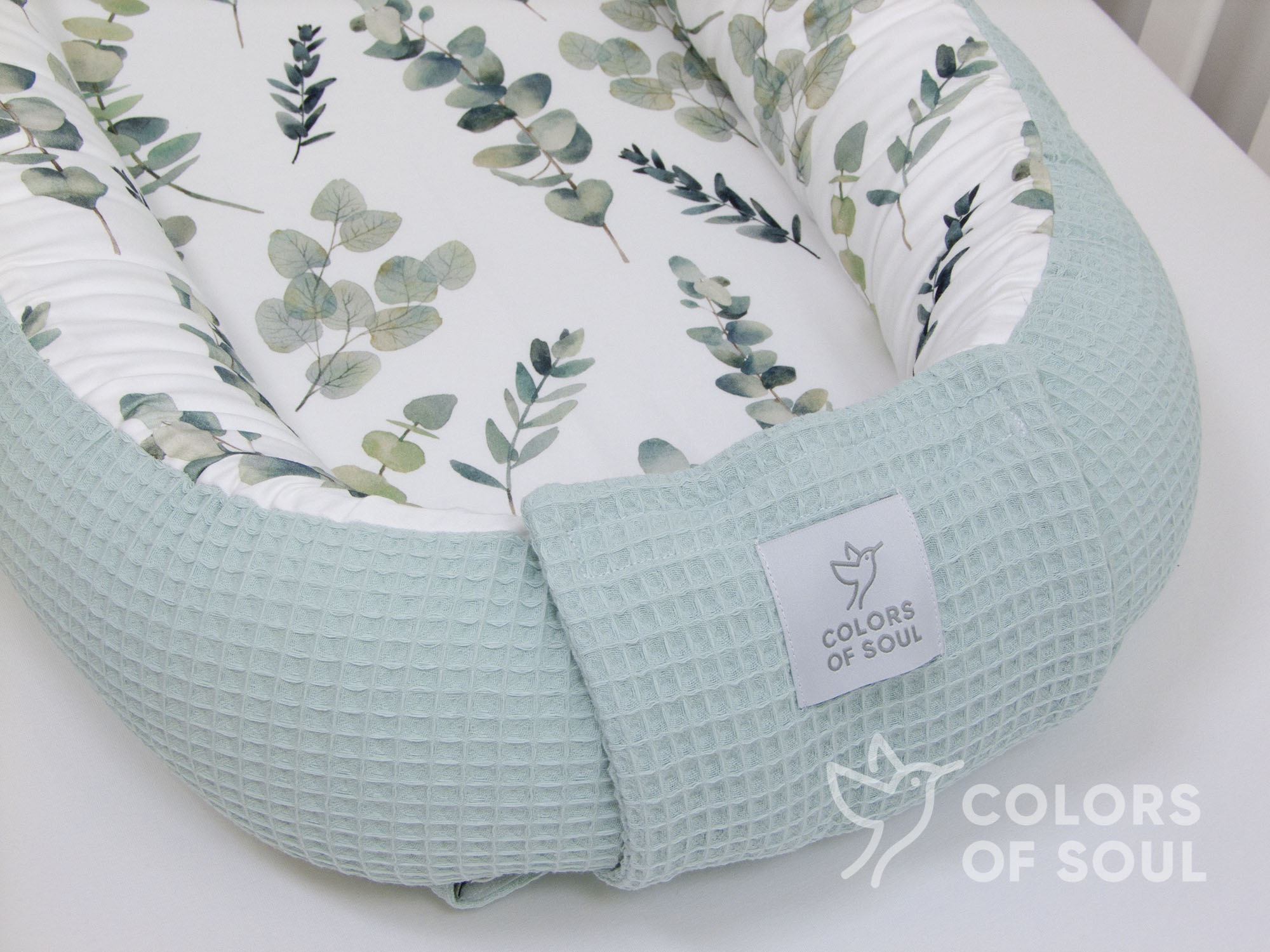 3-er SET - Wickelauflage mit Inlett, Babynest, Bettrolle - Eukalyptus Aquarell / Waffel pastellmint