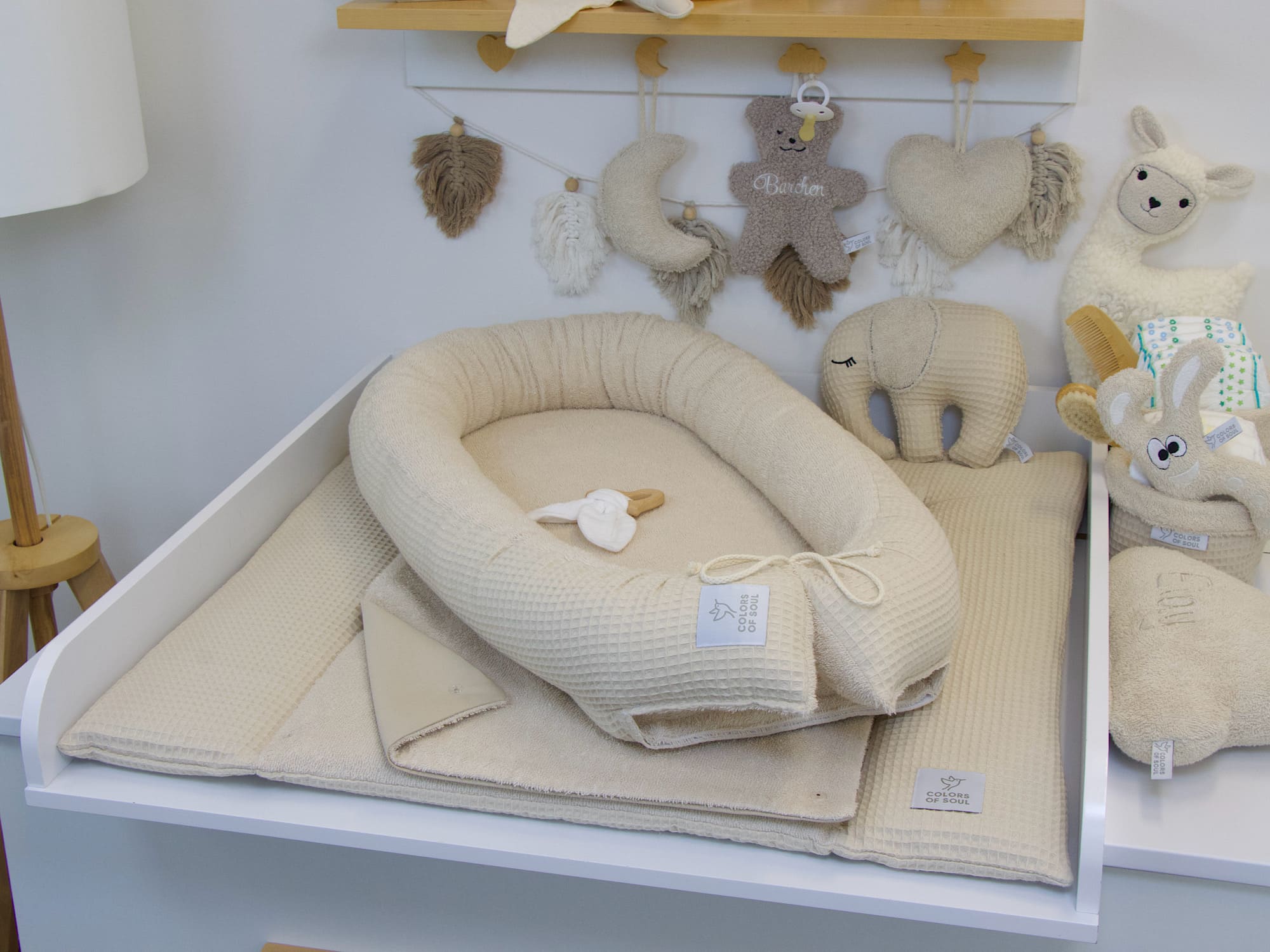 3-er SET - Wickelauflage, Bettschlange, Babynestchen - Waffelpique light sand / Frottee light sand