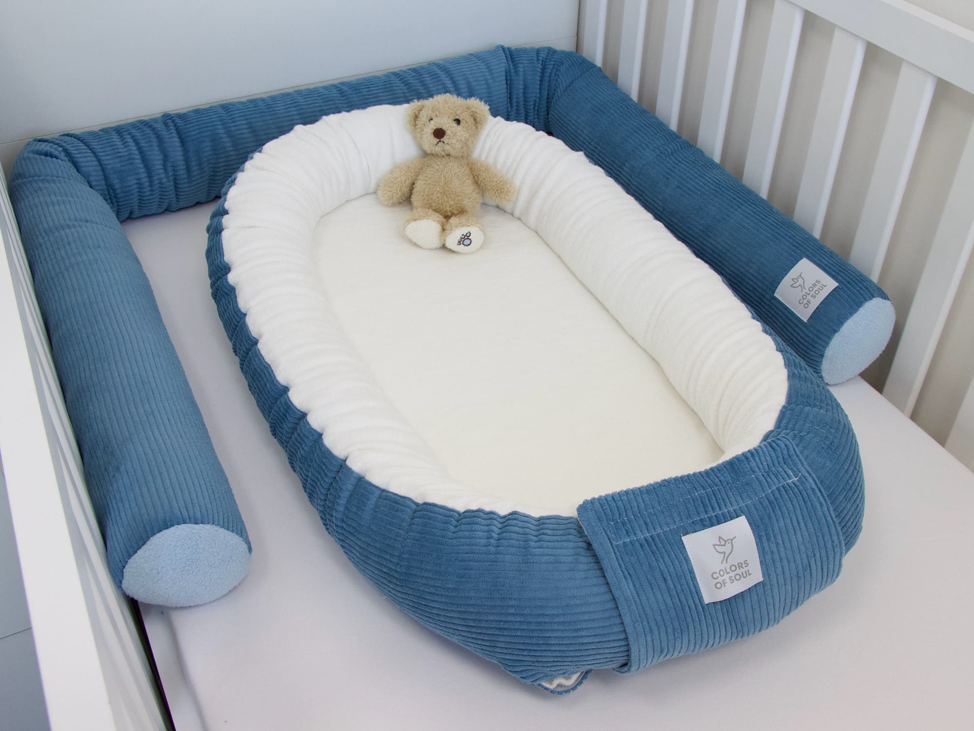 Babynestchen - Kordstoff blau / Baumwollfleece creme