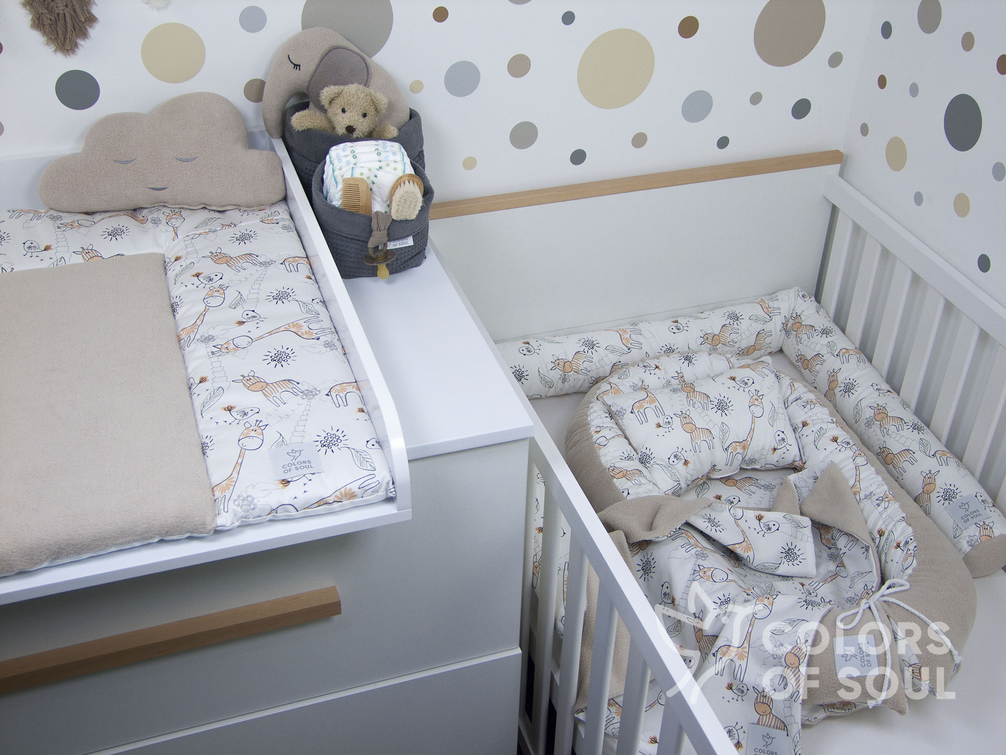 3-er SET - Wickelauflage, Bettschlange, Babynestchen - Giraffe und Zebra / Baumwollfleece beige