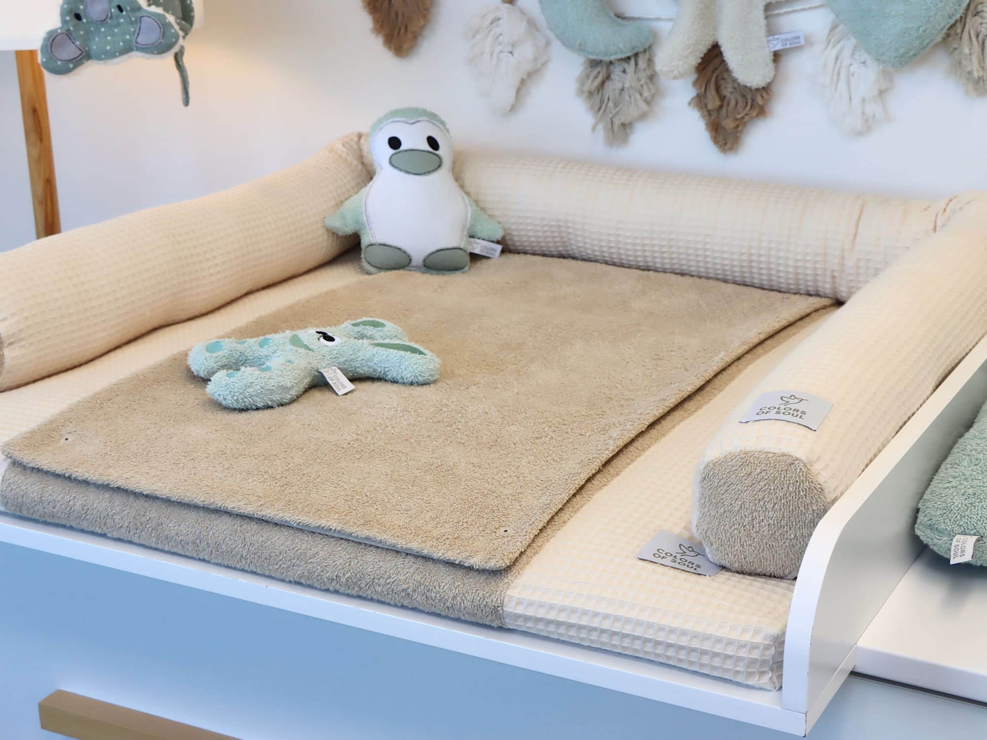Wickelauflage mit Bezug & Bettschlange – Waffelpique Hellbeige & Frottee Beige