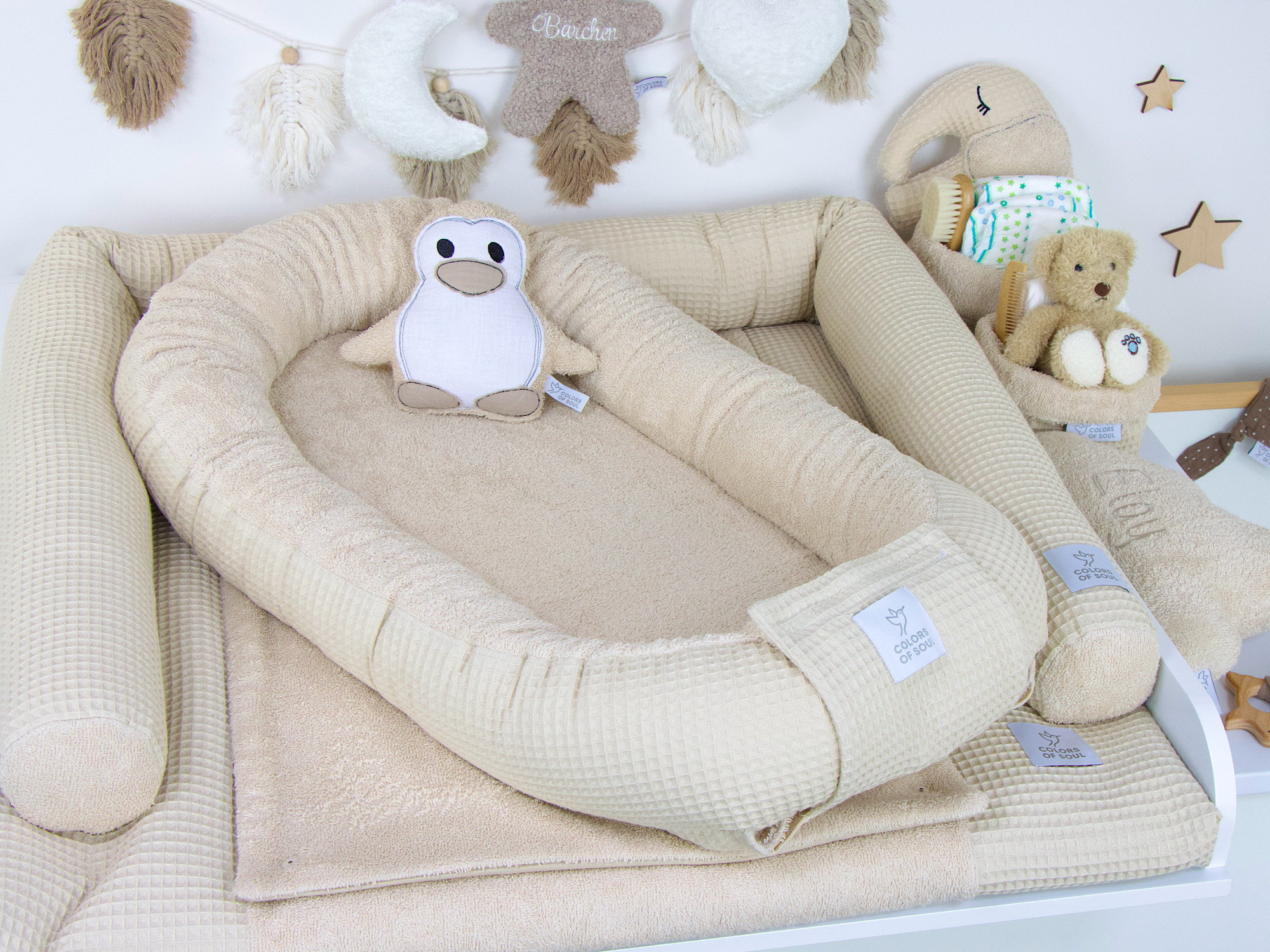 3-er SET - Wickelauflage mit Inlett, Babynest, Bettschlange - Waffelpique, Frottee: light sand