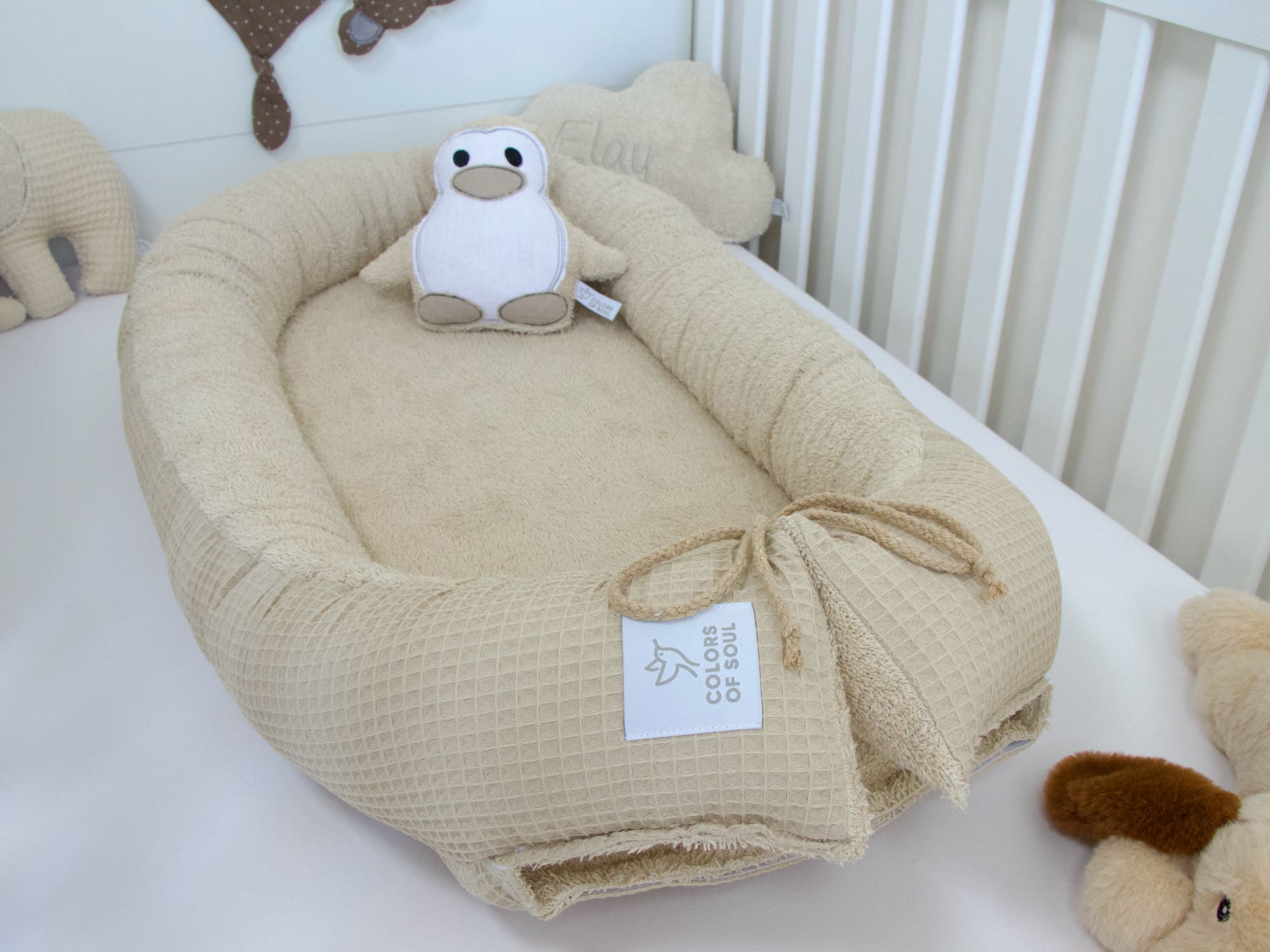2-er SET - Babynestchen, Bettschlange - Waffelpique beige / Frottee beige