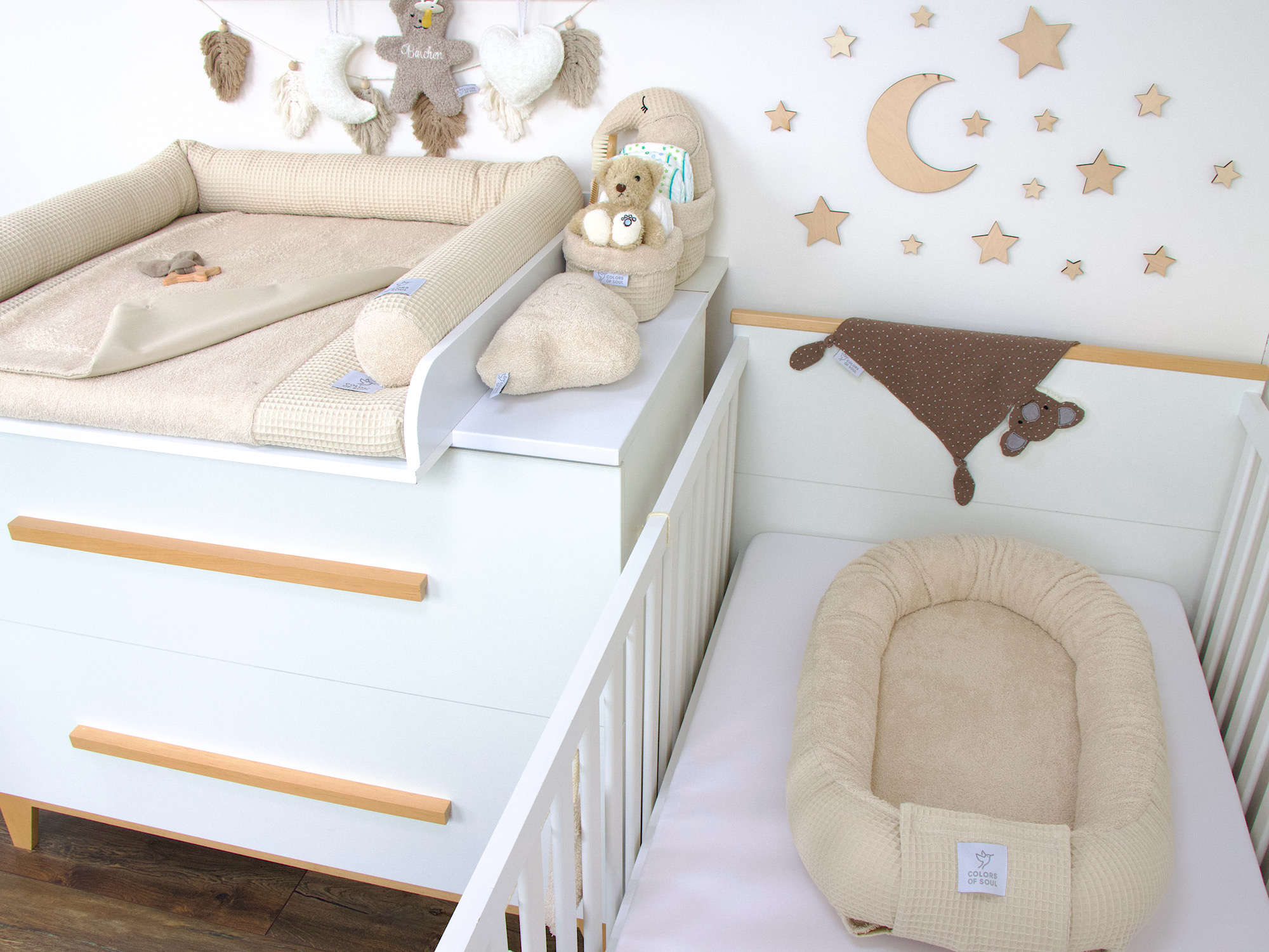 3-er SET - Wickelauflage mit Inlett, Babynest, Bettschlange - Waffelpique, Frottee: light sand