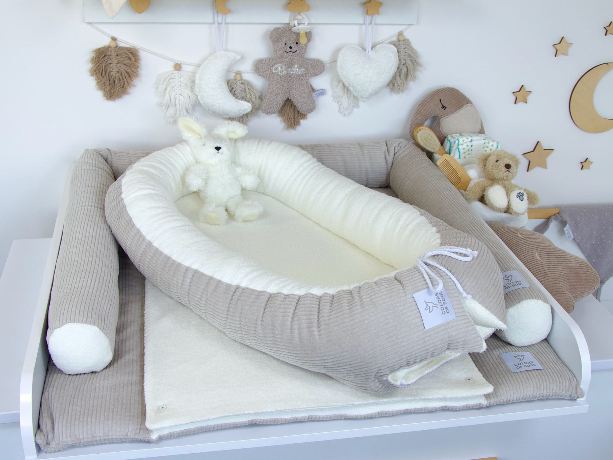 3-er SET - Wickelauflage, Bettschlange, Babynest - Kord hellbeige / Baumwollfleece creme