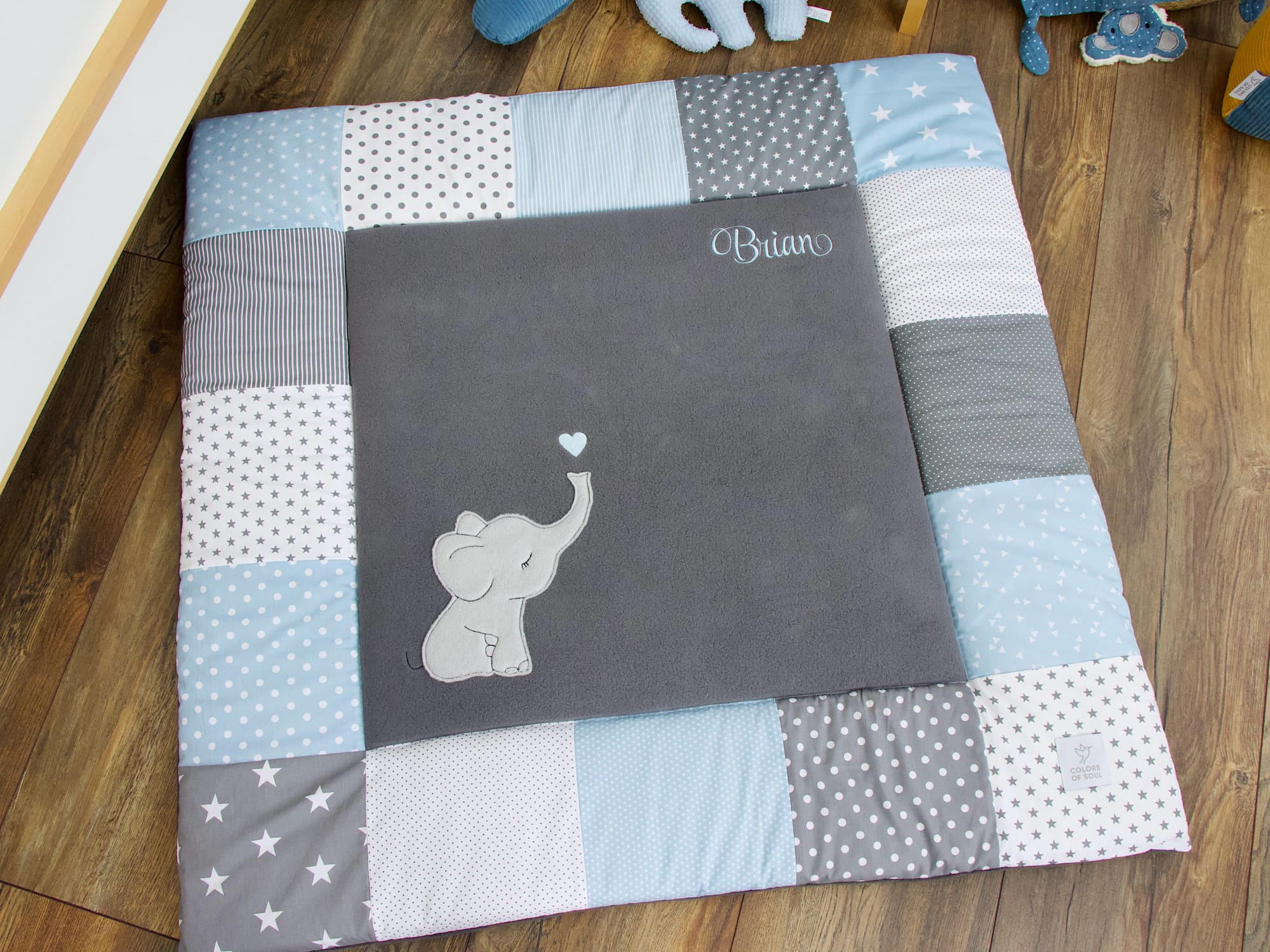 Patchwork Krabbeldecke Türkis Grau mit Punkten und Streifen