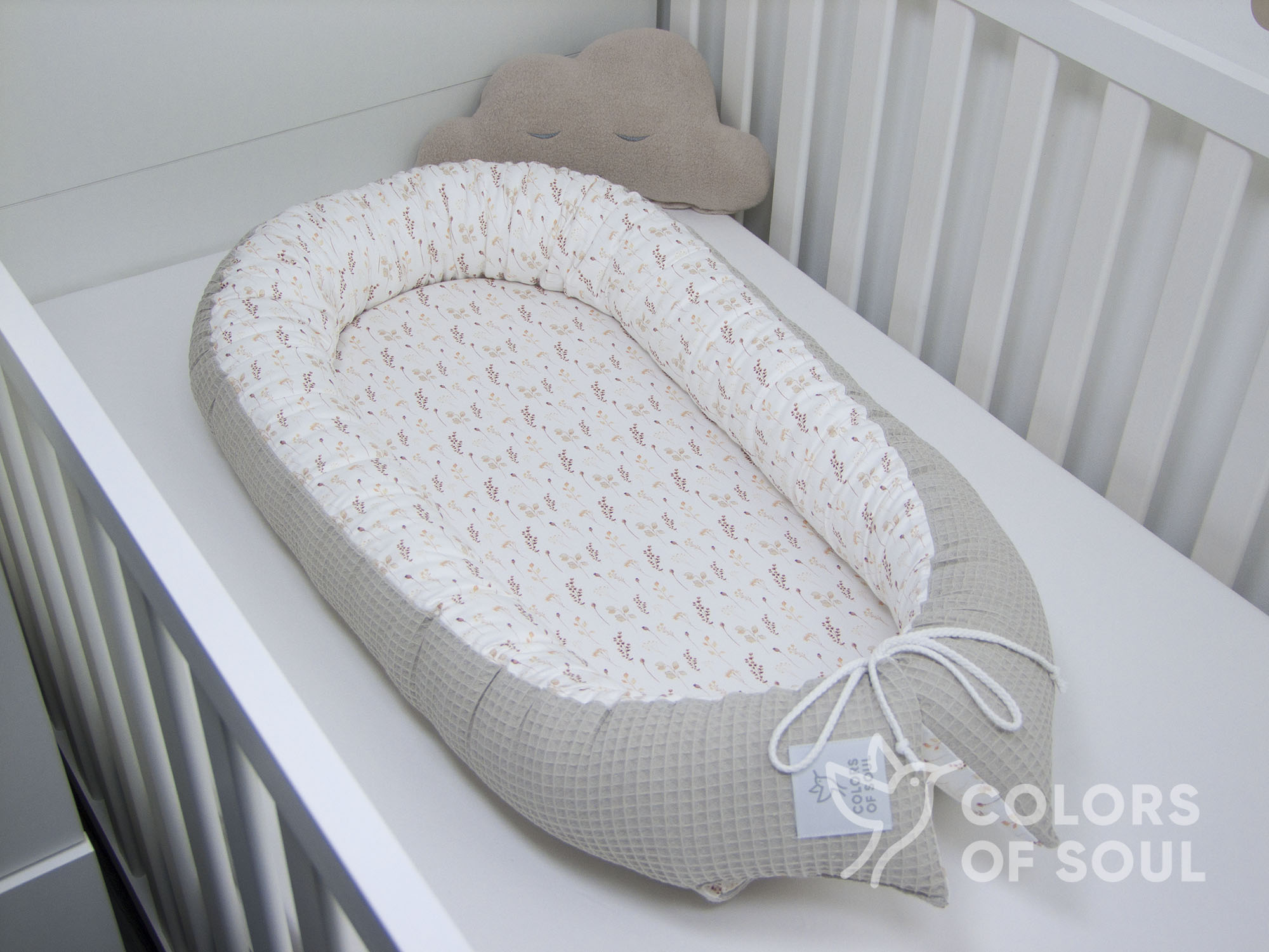 Babynestchen Boho getrocknete Blumen Aquarell / Waffelpique beige