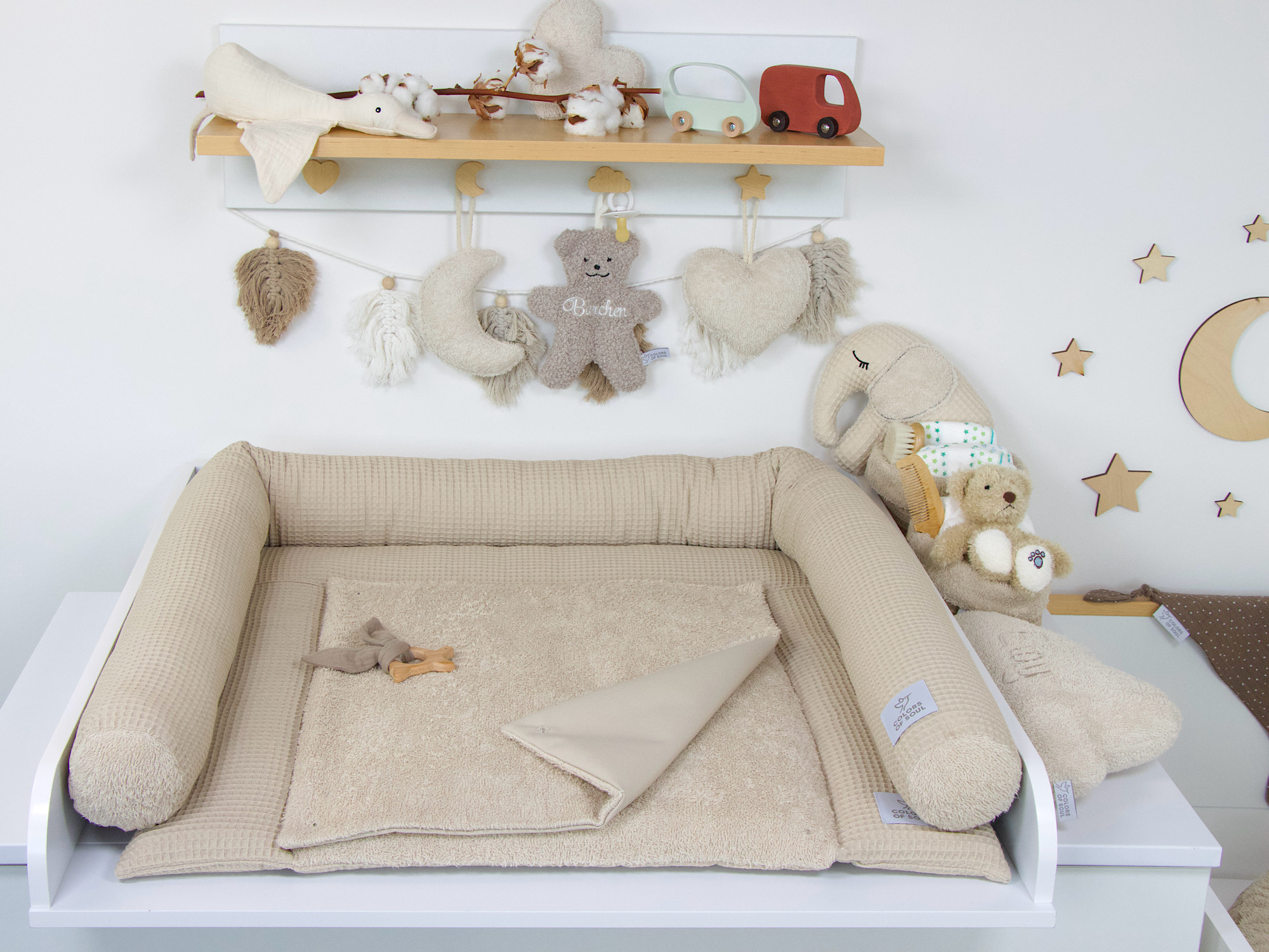 Wickelauflage beige Waffelpique mit Frottee-Wickelfläche - maßgeschneidert, 4-5cm dick, rundherum durchgesteppt