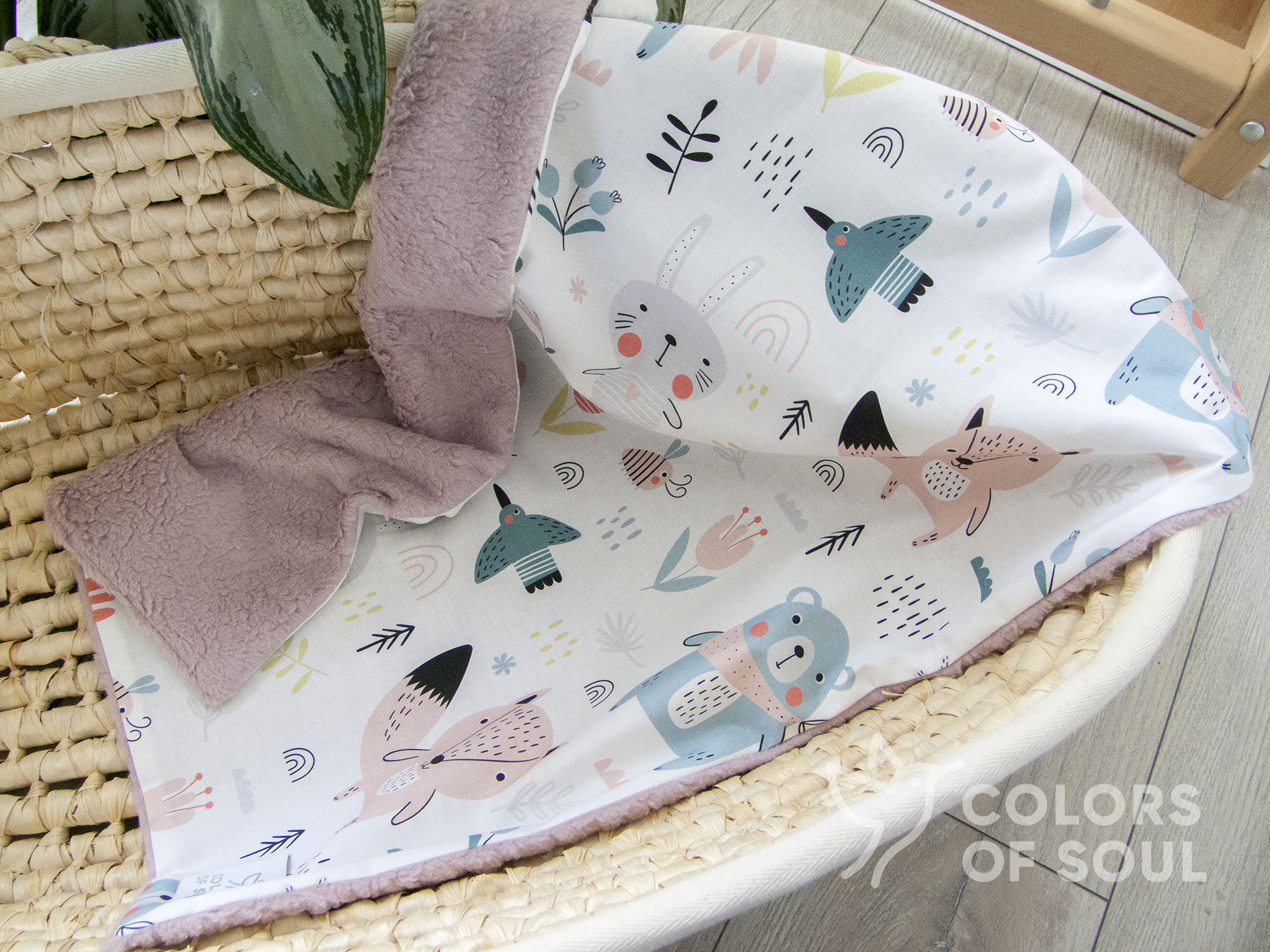 Babydecke - pastel Waldtiere / Teddyplüsch altrosa