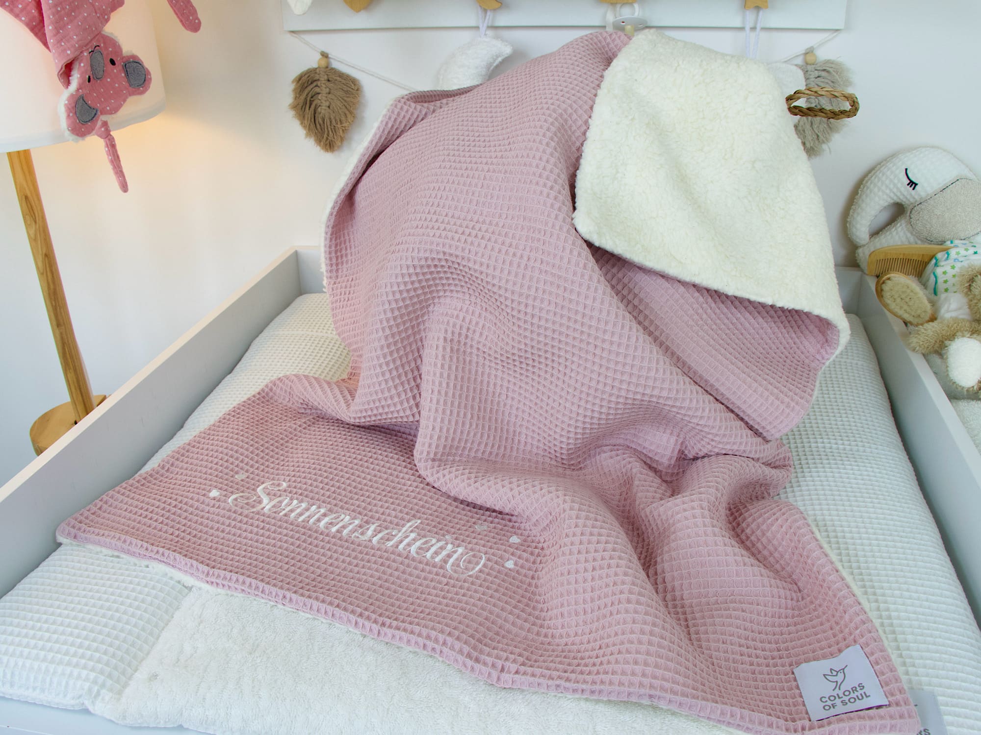 Baby Kuscheldecke personalisiert - Waffelpique altrosa / Teddyplüsch creme