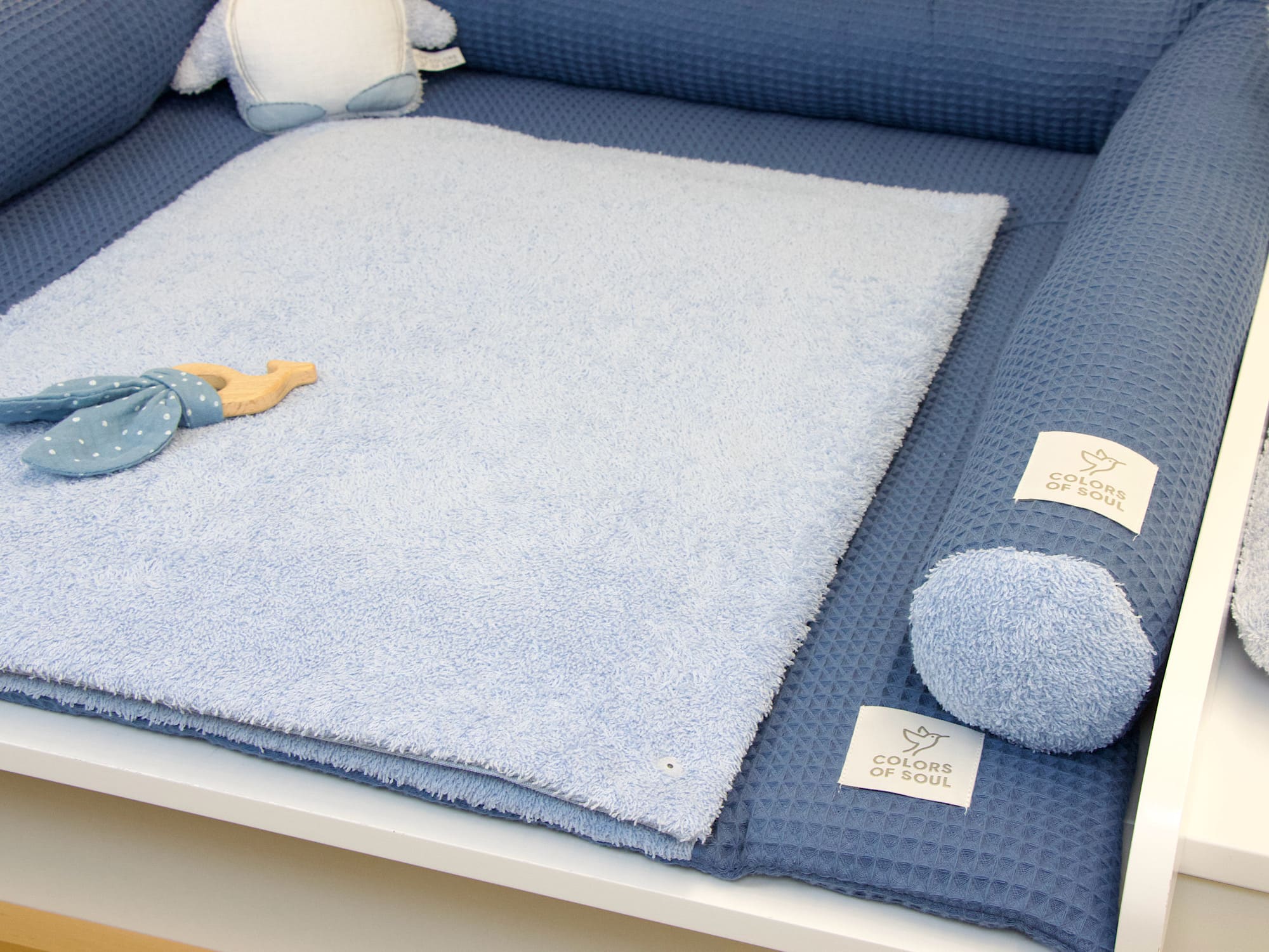 Wickelauflage mit Umrandung - Waffelpique jeansblau & Frottee himmelblau