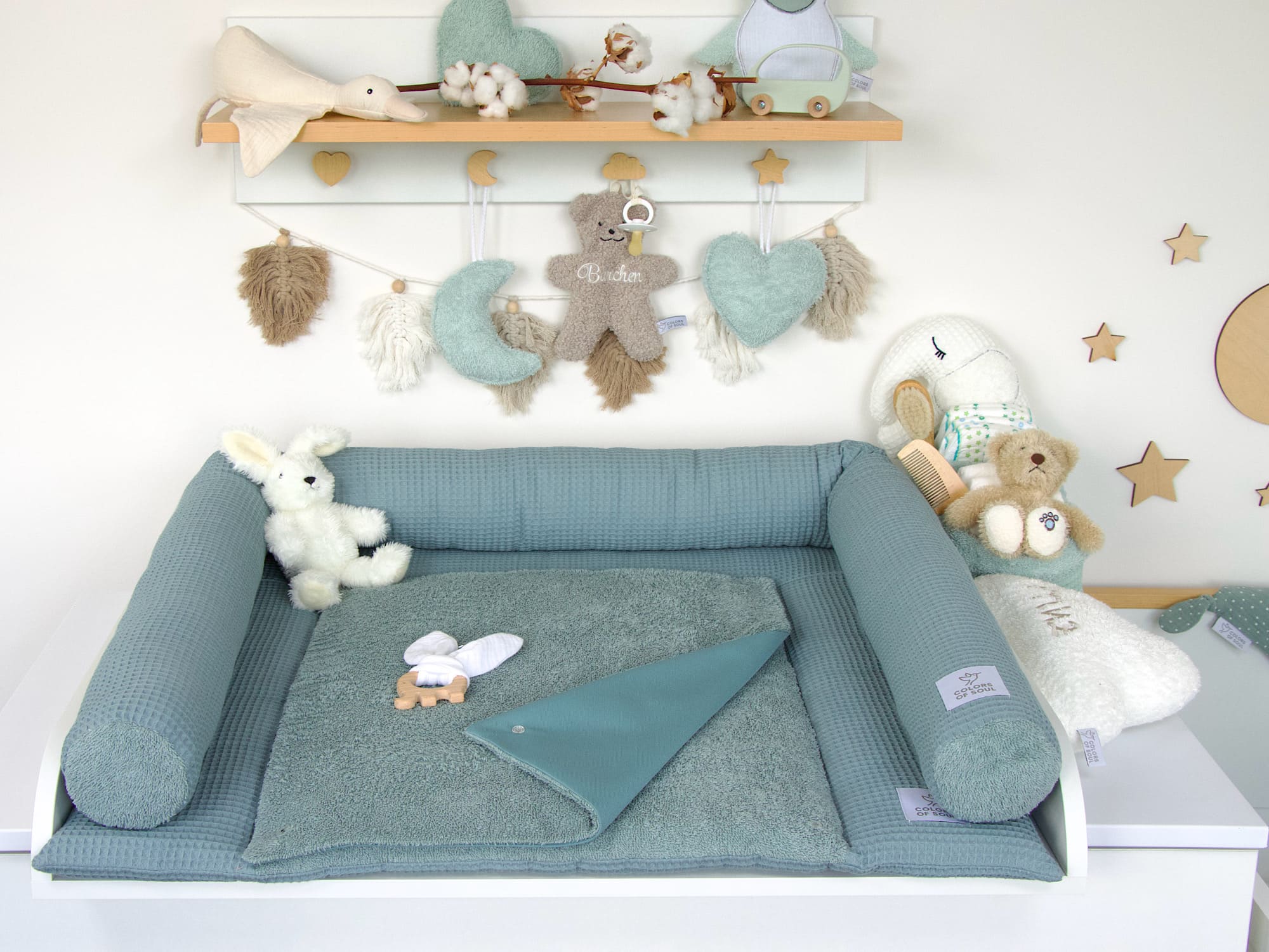 3-er SET - Wickelauflage, Bettschlange, Babynestchen - Waffelpique und Frottee dusty altmint