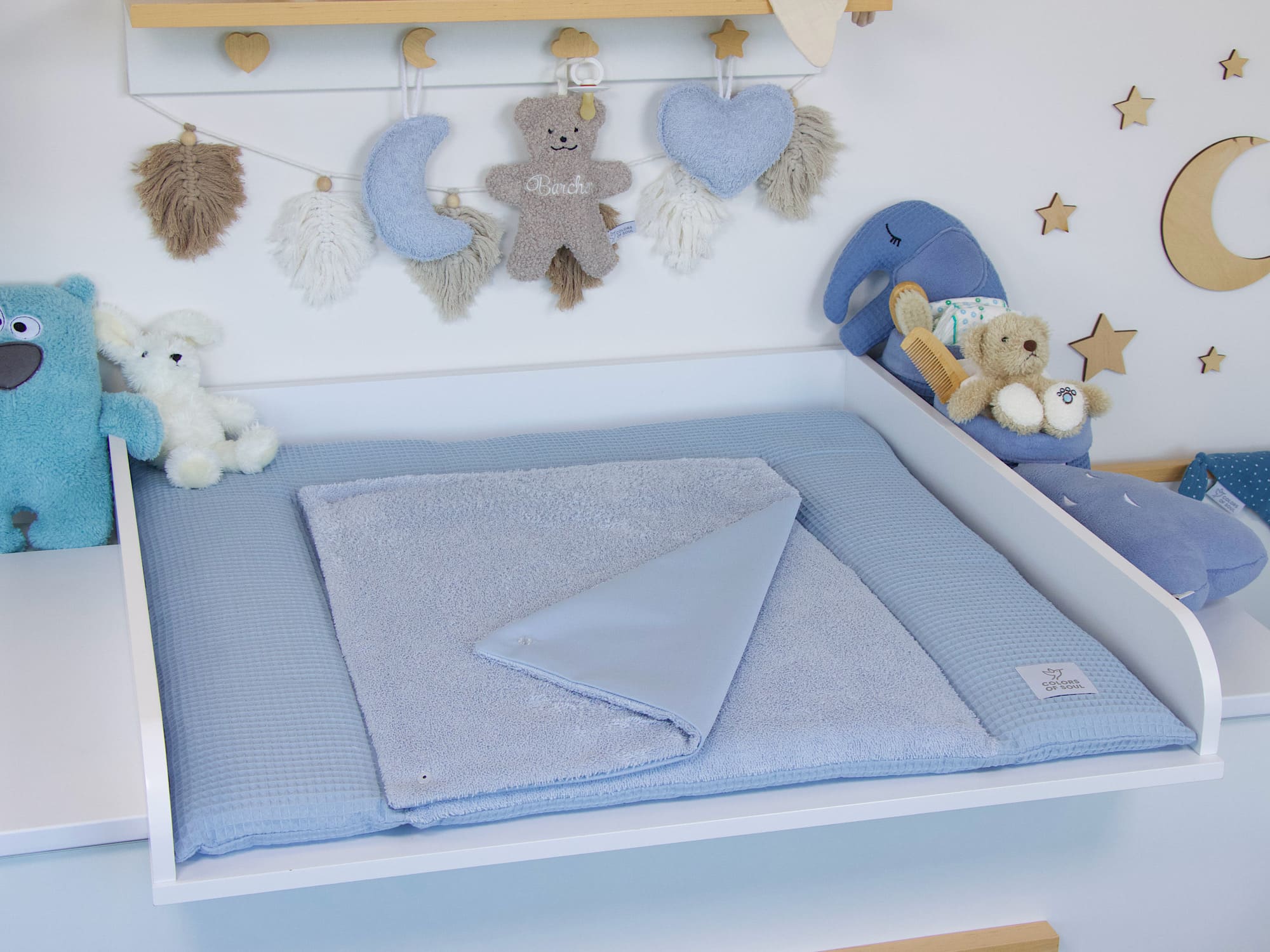 2-er SET - Wickelauflage, geflochtene Bettschlange - Waffelpique hellblau / Frottee hellblau