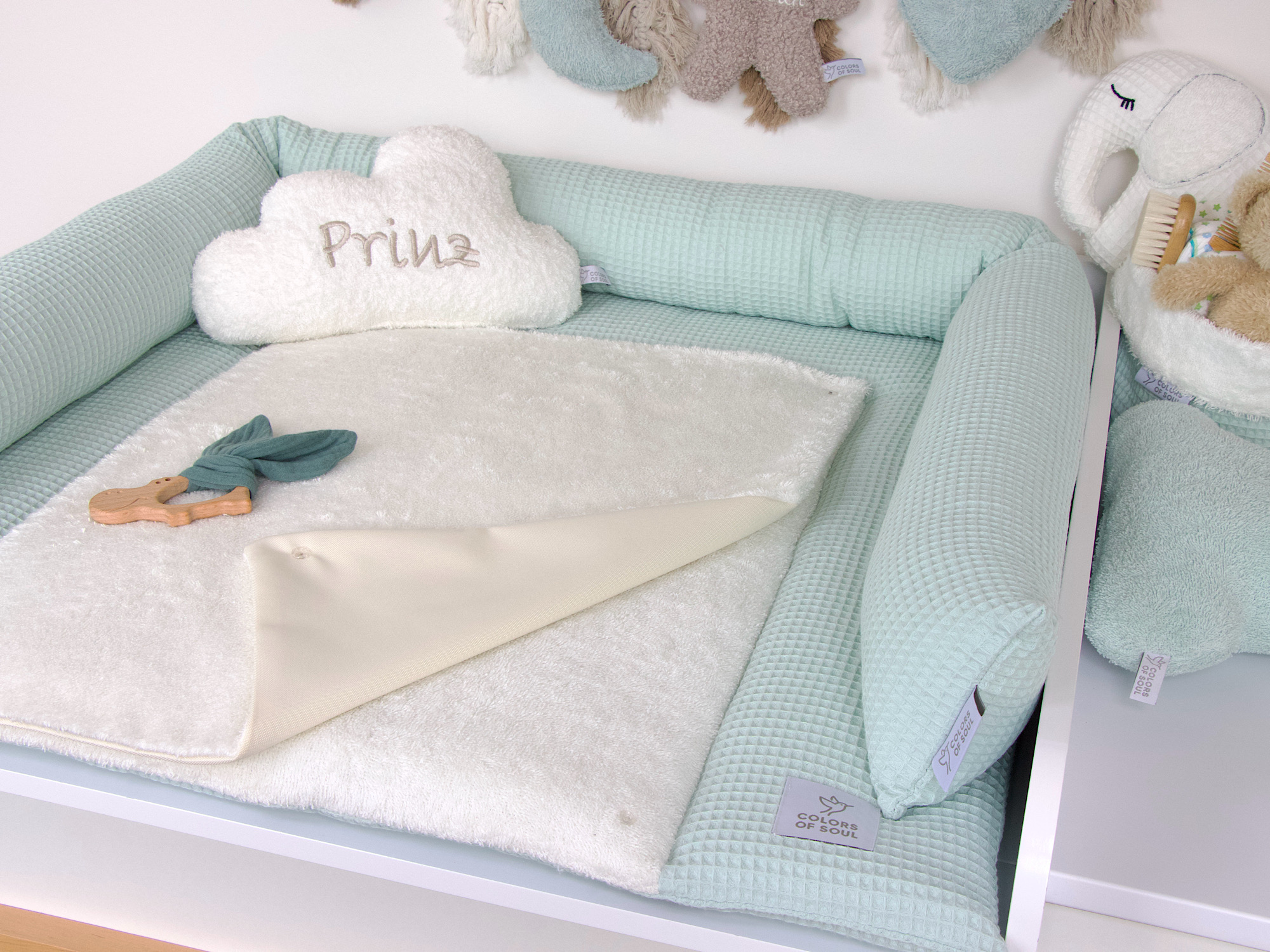2-er SET - Wickelauflage, Bettschlange - Waffelpique pastellmint / Frottee creme