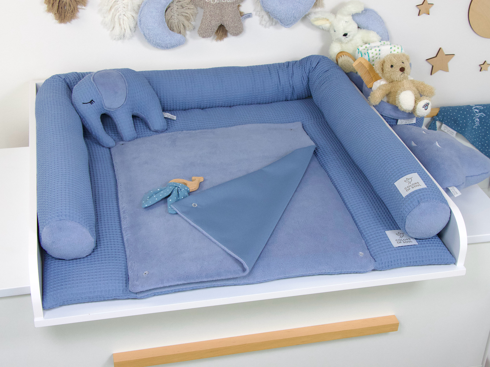 2-er SET - Wickelauflage, Bettschlange - Waffelpique blau / Baumwollfleece himmelblau