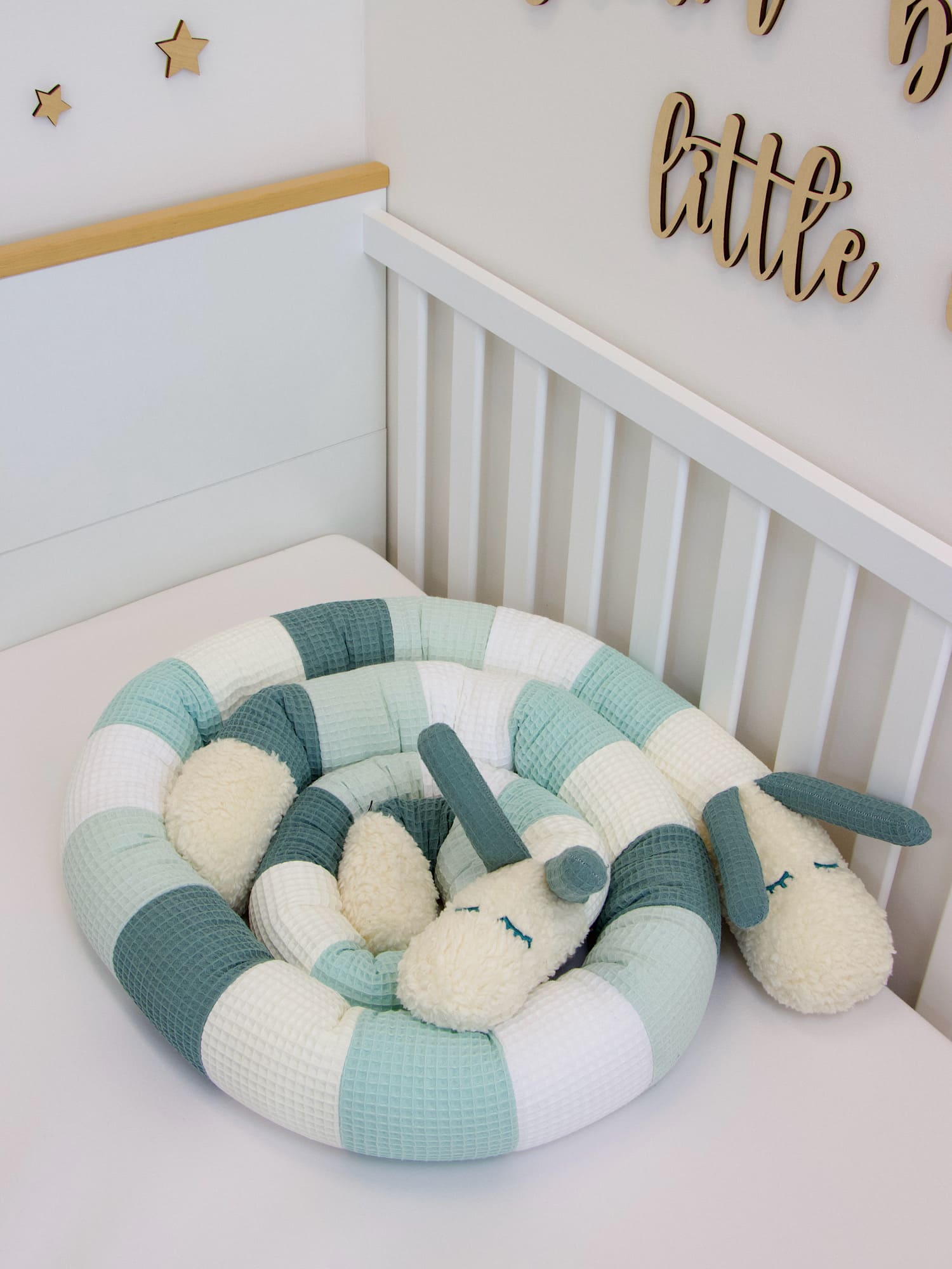 Puckschnecke Patchwork: Waffelpique creme, pastellmint, weiß, hellmint, altgrün