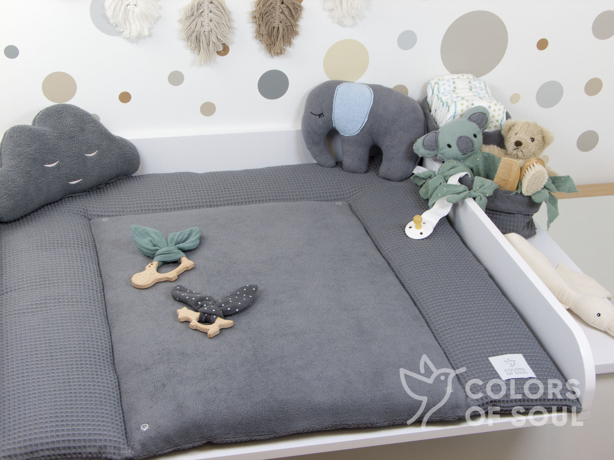 3-er SET - Wickelauflage, Bettschlange, Babynestchen - Waffelpique steingrau / Baumwollfleece grau