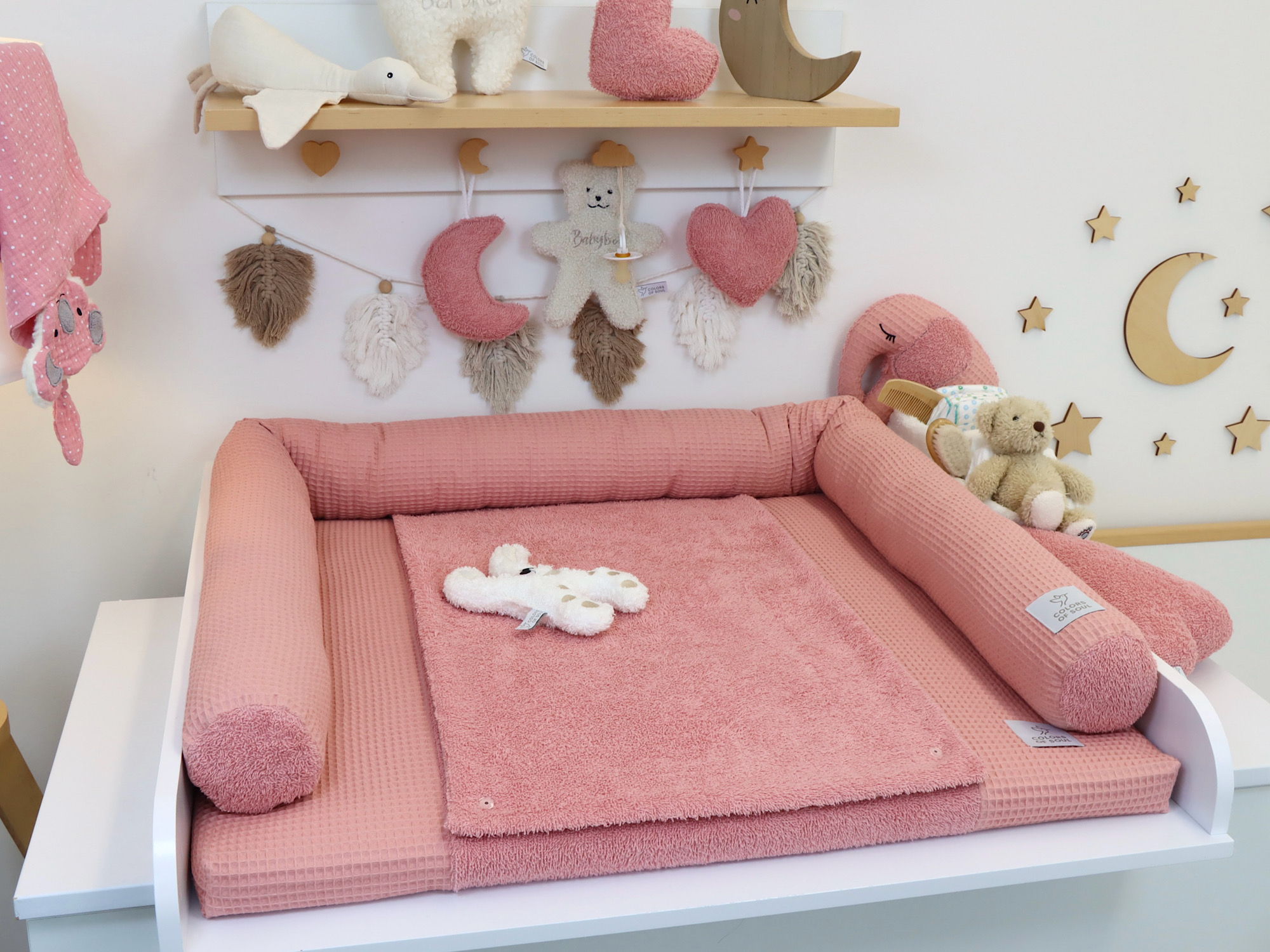 Wickelauflage mit Bezug und Bettschlange in Blush aus Waffelpique und Frottee