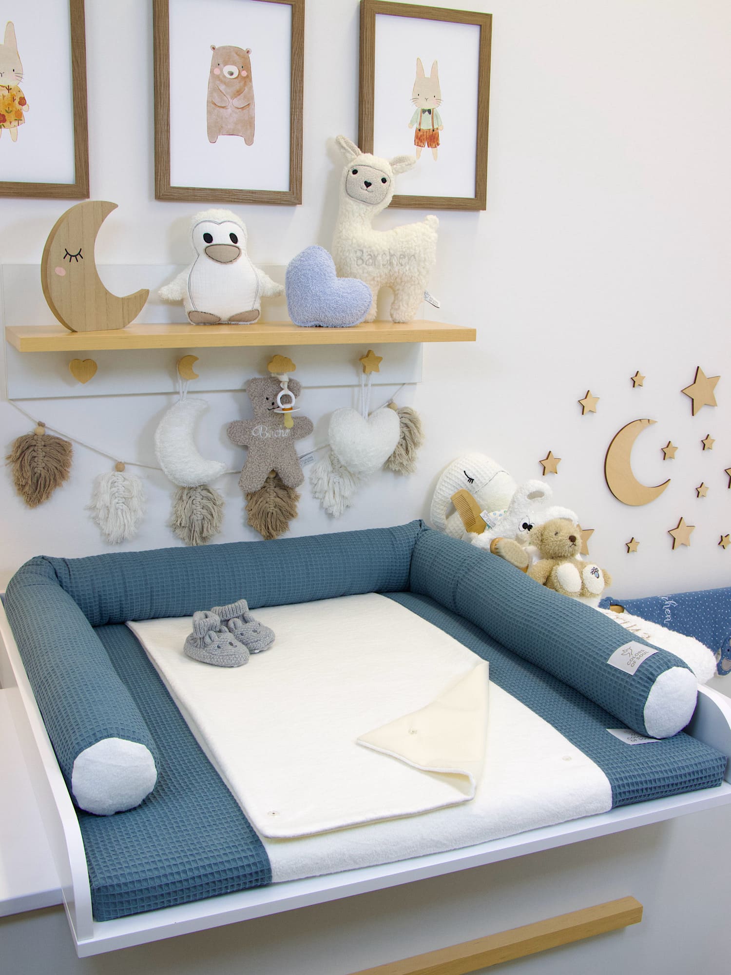 3-er SET - Wickelauflage mit Inlett, Babynest, Bettrolle - Waffel stahlblau / Baumwollfleece creme