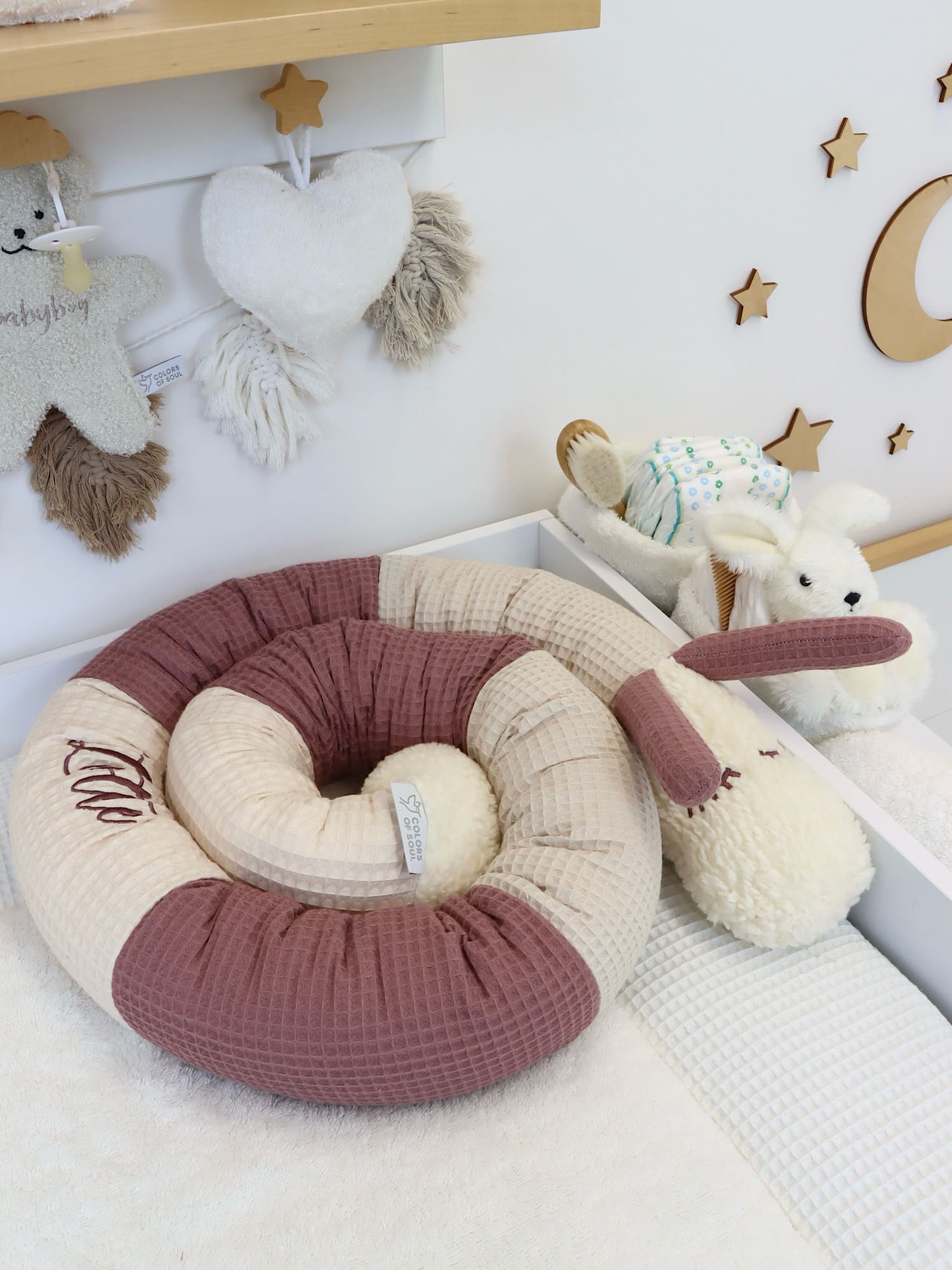 Bettschlange Tierkopf aus Teddyplüsch und Waffelpique – Farben hellbeige, natur, malve