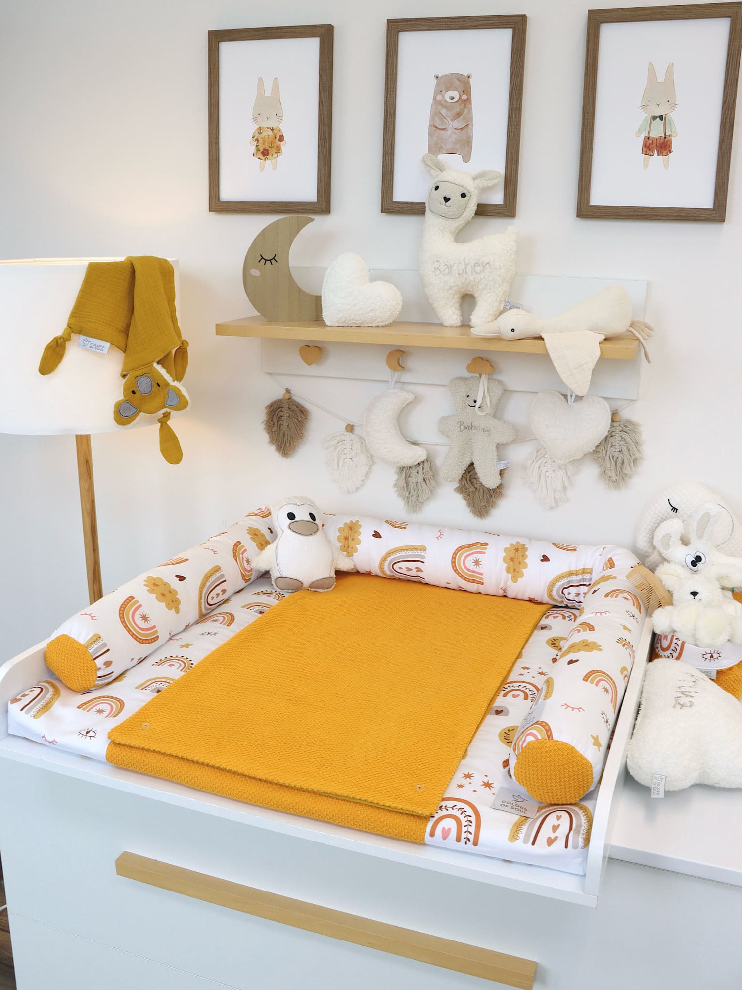 2-er SET - Wickelauflage mit Inlett, Bettschlange - Baby boho Regenbogen / Waffelpique BeBe gelb