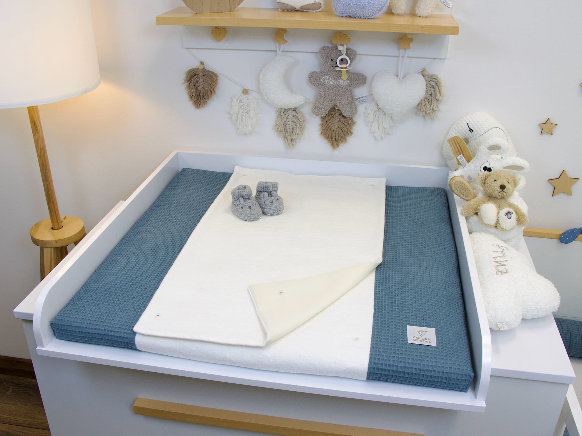 2-er SET - Wickelauflage mit Inlett, Babynestchen - Waffelpique stahlblau / Baumwollfleece creme