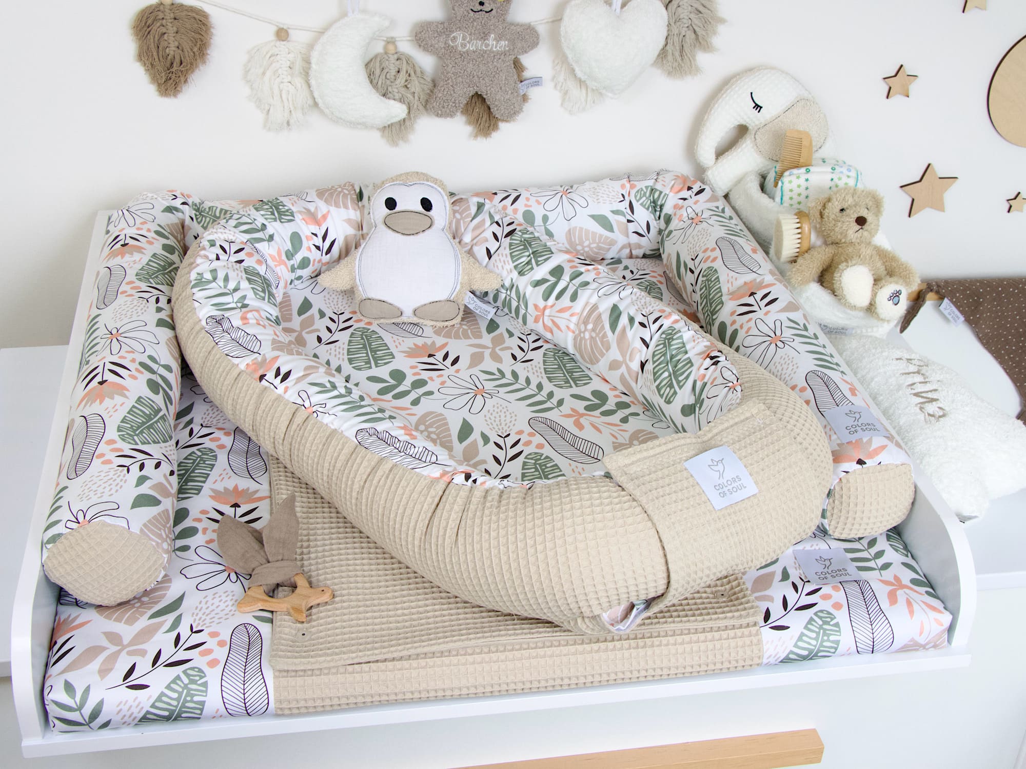 5-er SET - Wickelauflage mit Inlett, Babynestchen, Bettschlange - Tropical Blumen / Waffel beige