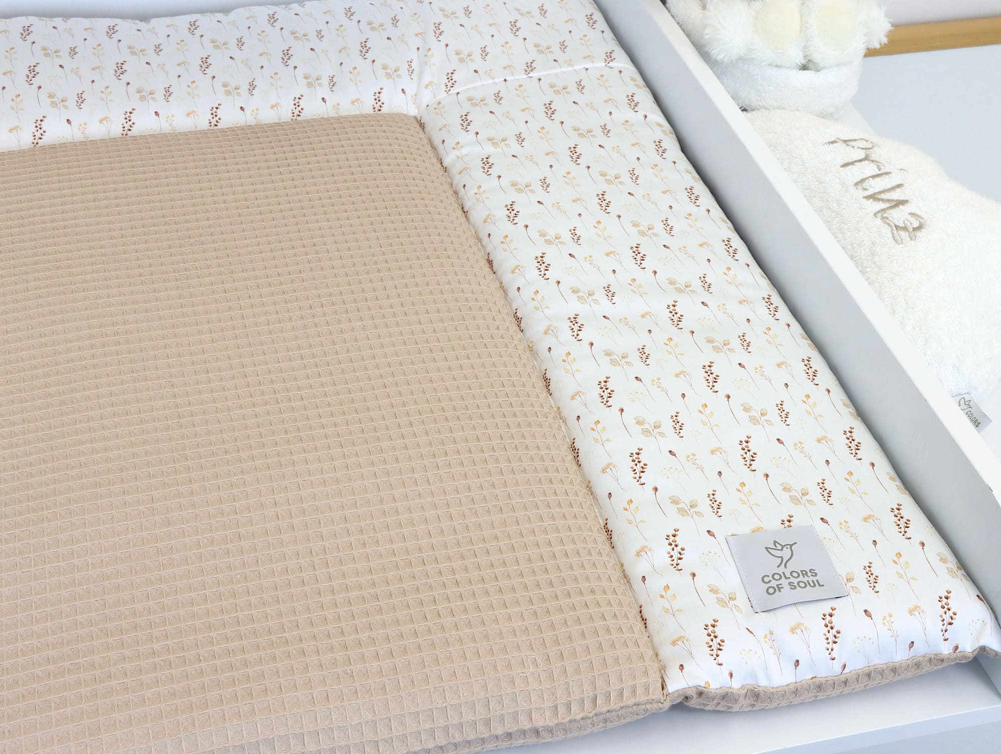 Wickelauflage - Boho getrocknete Blumen Aquarell / Waffelpique beige