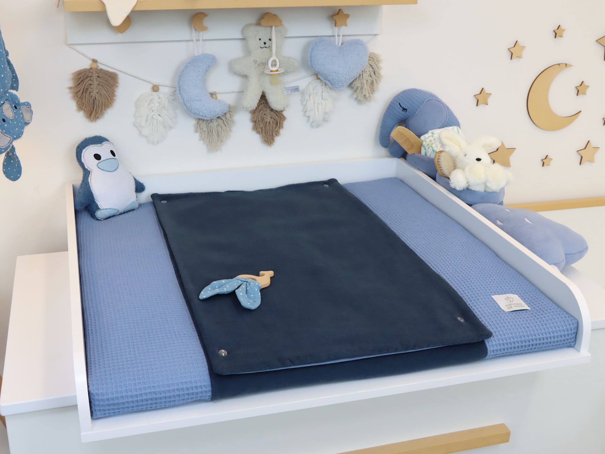 Detailfoto der dunkelblauen Fleece-Liegefläche der Wickelauflage mit hellblauem Waffelpique-Bezug im Hintergrund.
