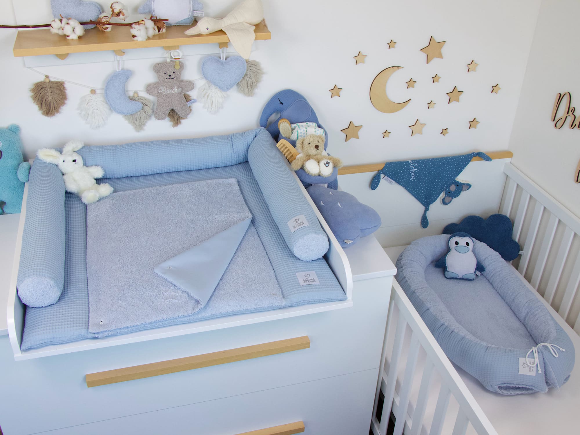 3-er SET - Wickelauflage, Bettschlange, Babynestchen - Waffelpique hellblau / Frottee hellblau