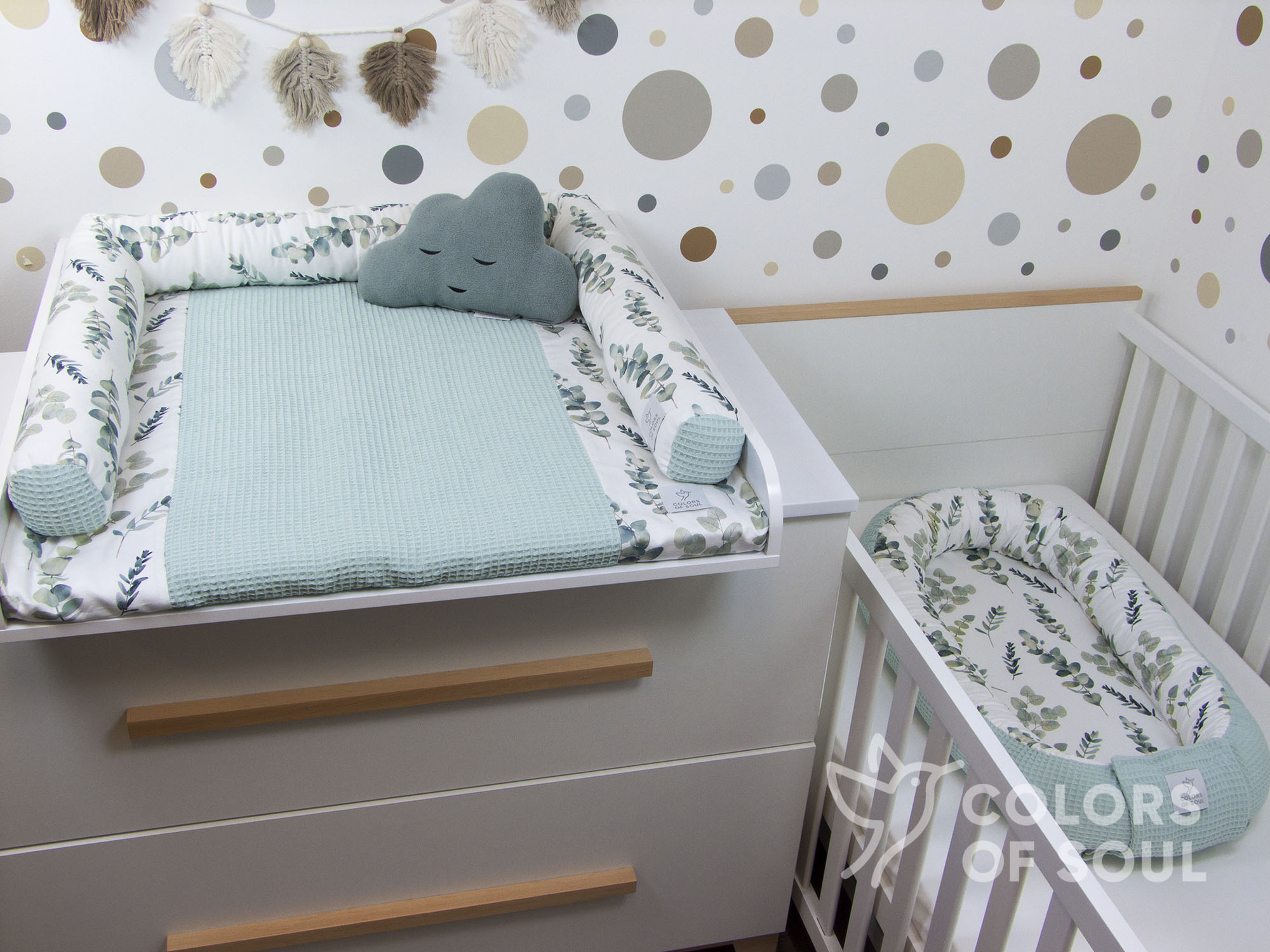 3-er SET - Wickelauflage mit Inlett, Babynest, Bettrolle - Eukalyptus Aquarell / Waffel pastellmint