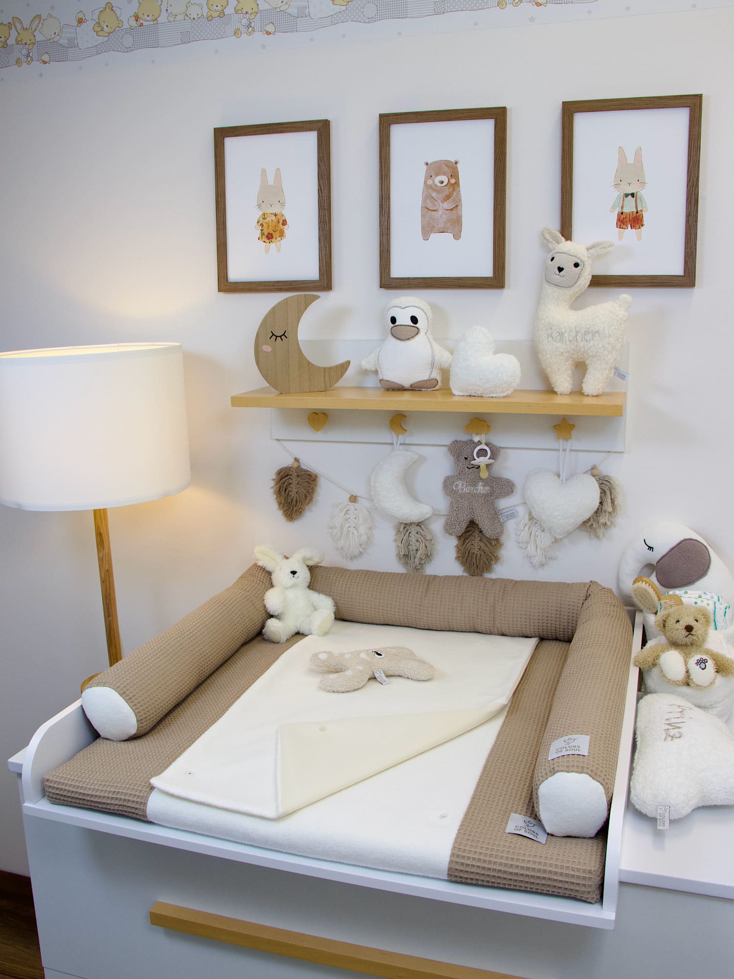 3-er SET - Wickelauflage mit Inlett, Babynest, Bettrolle - Waffel dunkelbeige/ Baumwollfleece creme