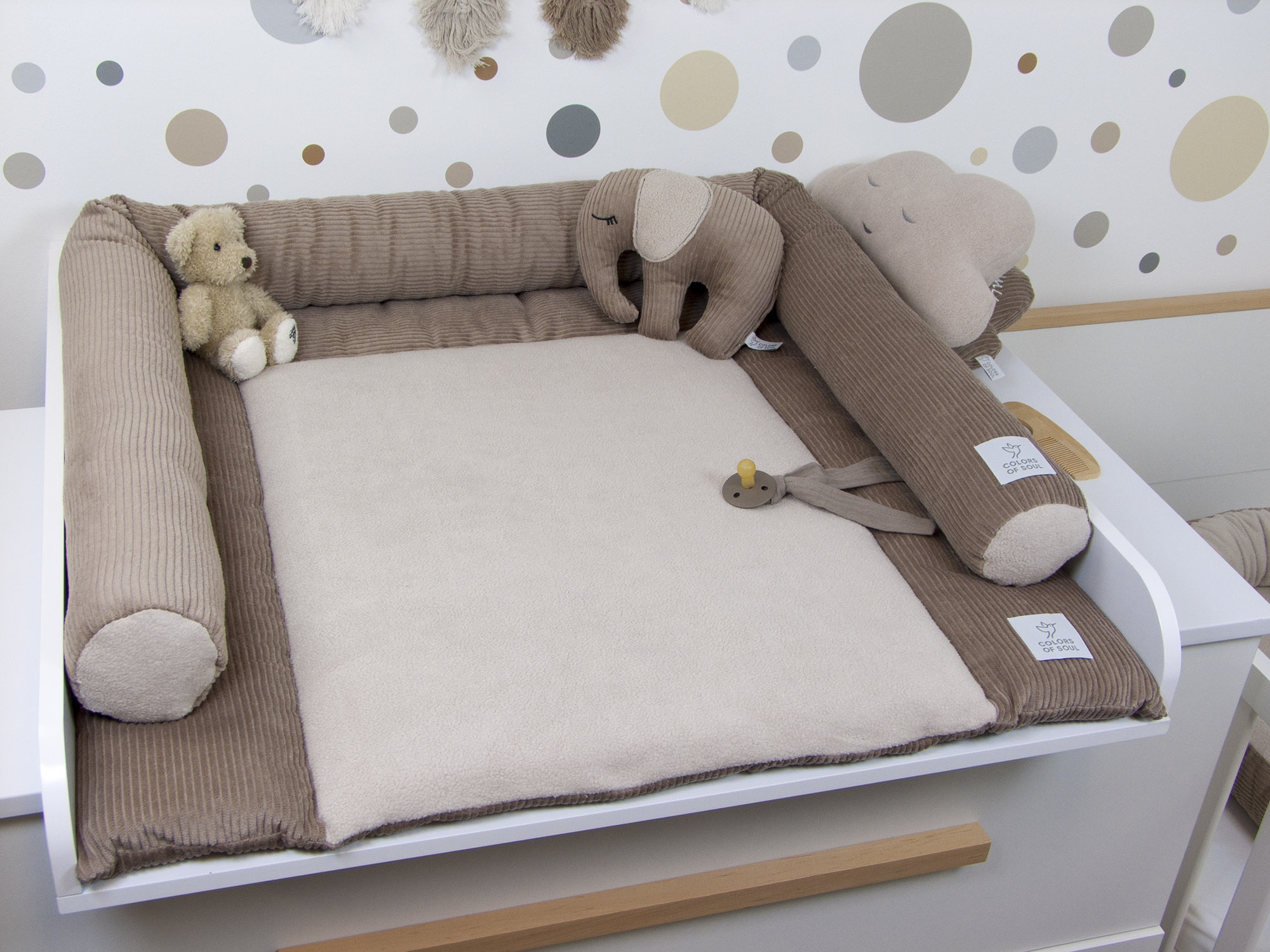 3-er SET - Wickelauflage, Bettschlange, Babynest - Kord camel / Baumwollfleece beige